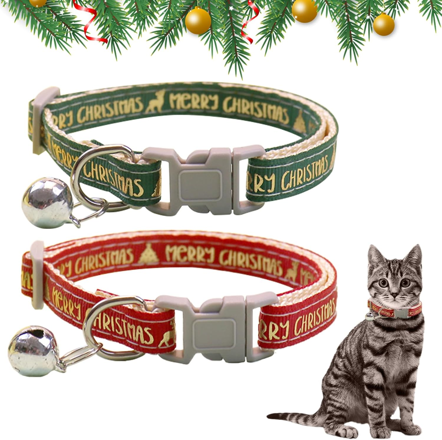 2 Pcs Christmas Dog Collar with a Bell, Red Green Christmas Adjustable Pet Collar 19-32Cm, Comfortable Cotton Durable Breakaway Dog Collar for Small Medium Dogs, Christmas Dog Gift (Gold Print) image number 5