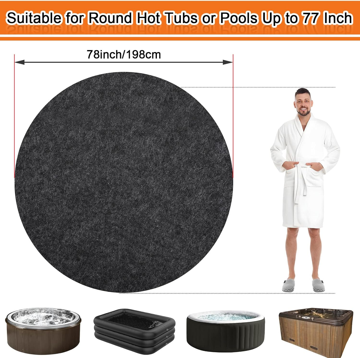 NOVWANG 78 Inch Dia round Hot Tub Mat, Large Washable above Ground Protector Pad Water Absorb with Waterproof Slip-Proof Backing, Portable Spa Pool Accessories for 77" Dia below Outdoor Indoor Hot Tub
