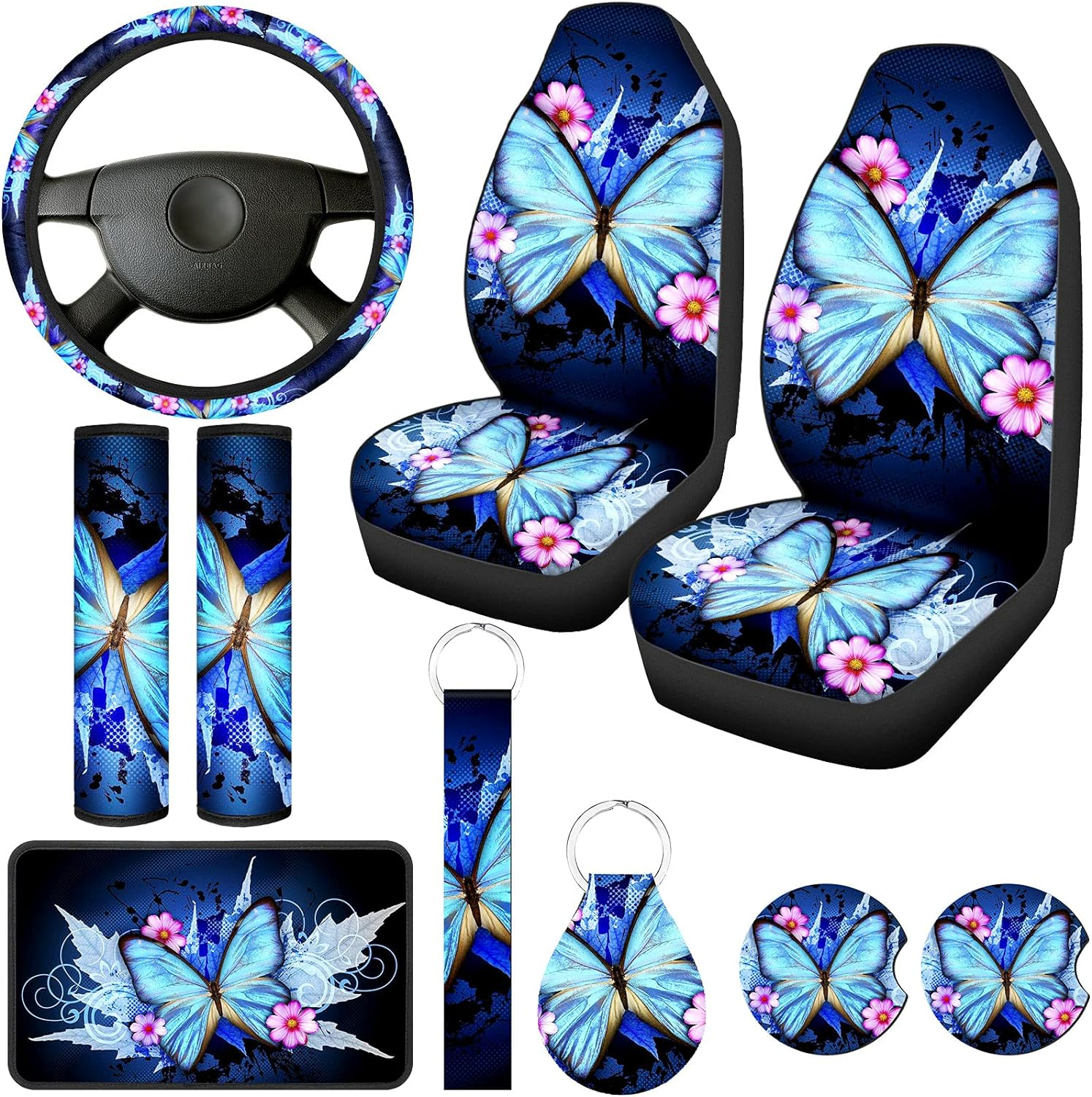 Frienda Butterfly Car Seat Covers for Women Butterfly Car Accessories Interior Seat Covers Rubber Steering Wheel Wrist Strap Armrest Seatbelt Cover Keychain(Bright Style) image number 4