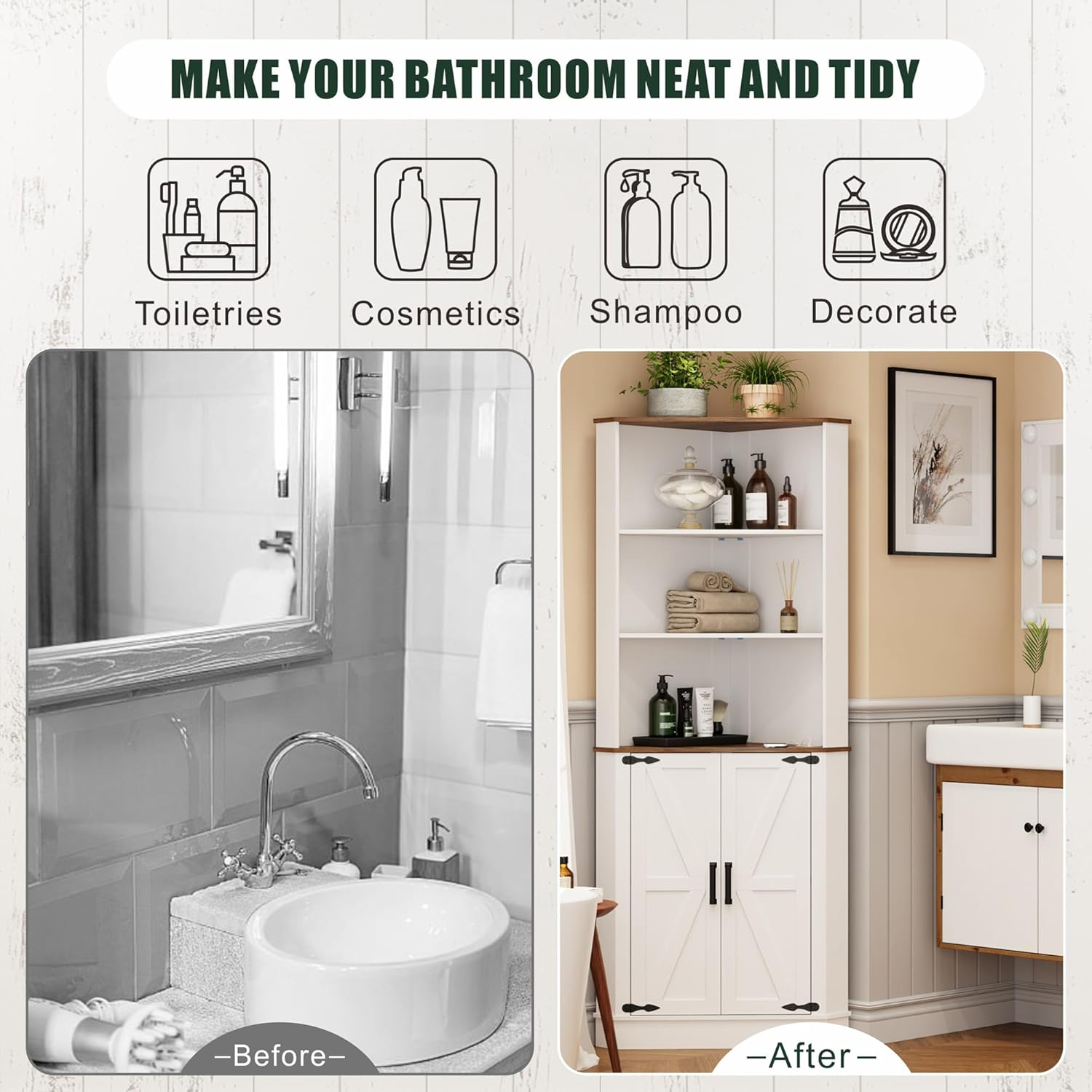 Dystler Tall Corner Cabinet with LED Light, Farmhouse Bathroom Cabinet with 2 Doors and 3 Tier Shelves, Free Standing Corner Storage Cabinet for Laundry Room, Living Room, Bedroom or Kitchen, White image number 1