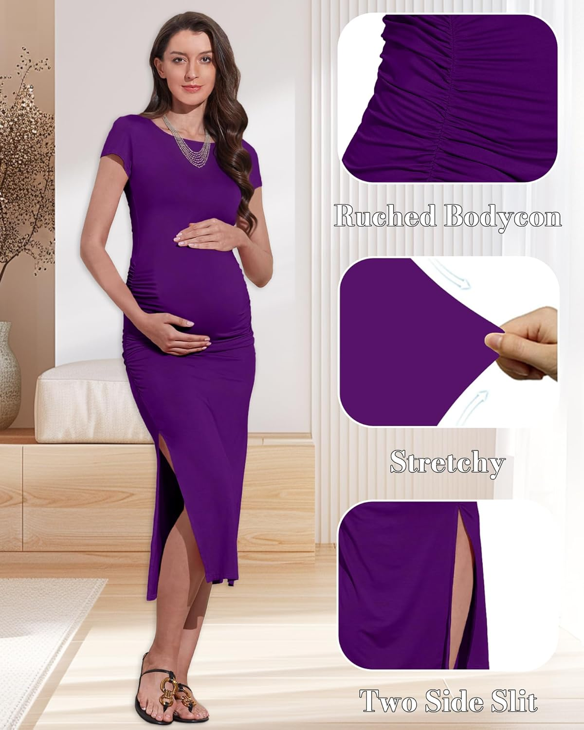 Women'S Maternity Ruched Bodycon Dresses Short Sleeve Split Maternity Dresses Baby Shower Pregnancy Photoshoot image number 4