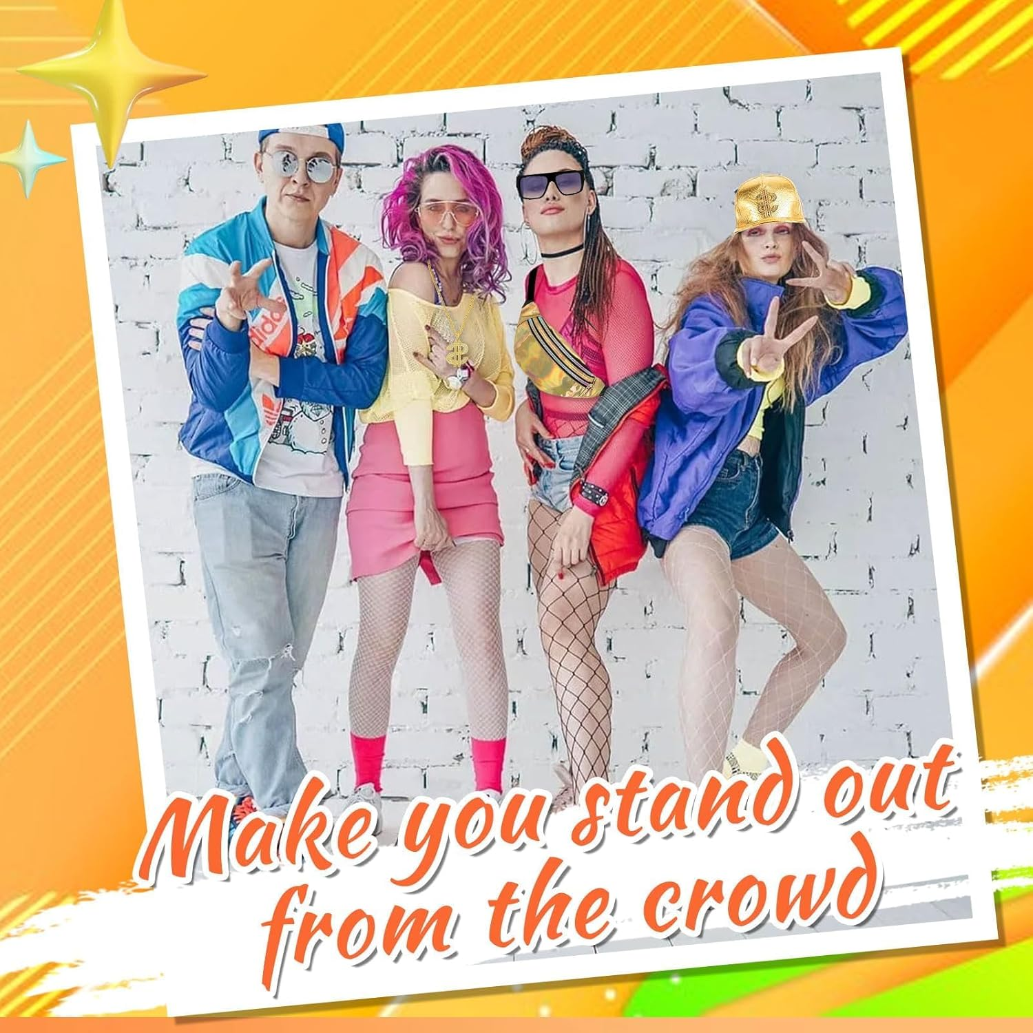 7Pcs Hip Hop Accessories Set for Men and Women, Gold Rapper Costume Kit with Cap Sunglasses Necklace Ring Bracelet Waist Bag Inflatable Boombox, for 80S 90S Old School Fancy Dress Party Props image number 6