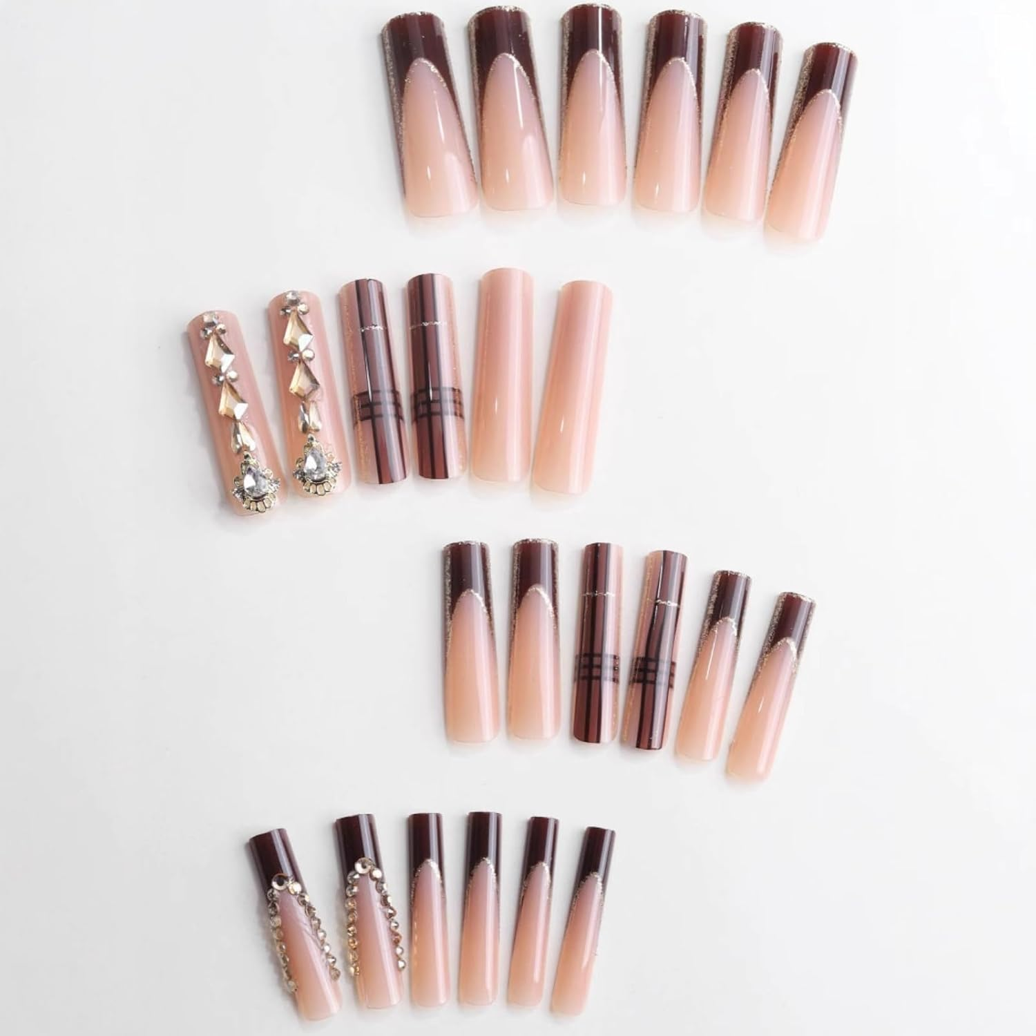 SEENEEY Square Press on Nails Long Brown French Tip Acrylic False Nails with Designs for Women (24PCS) image number 6