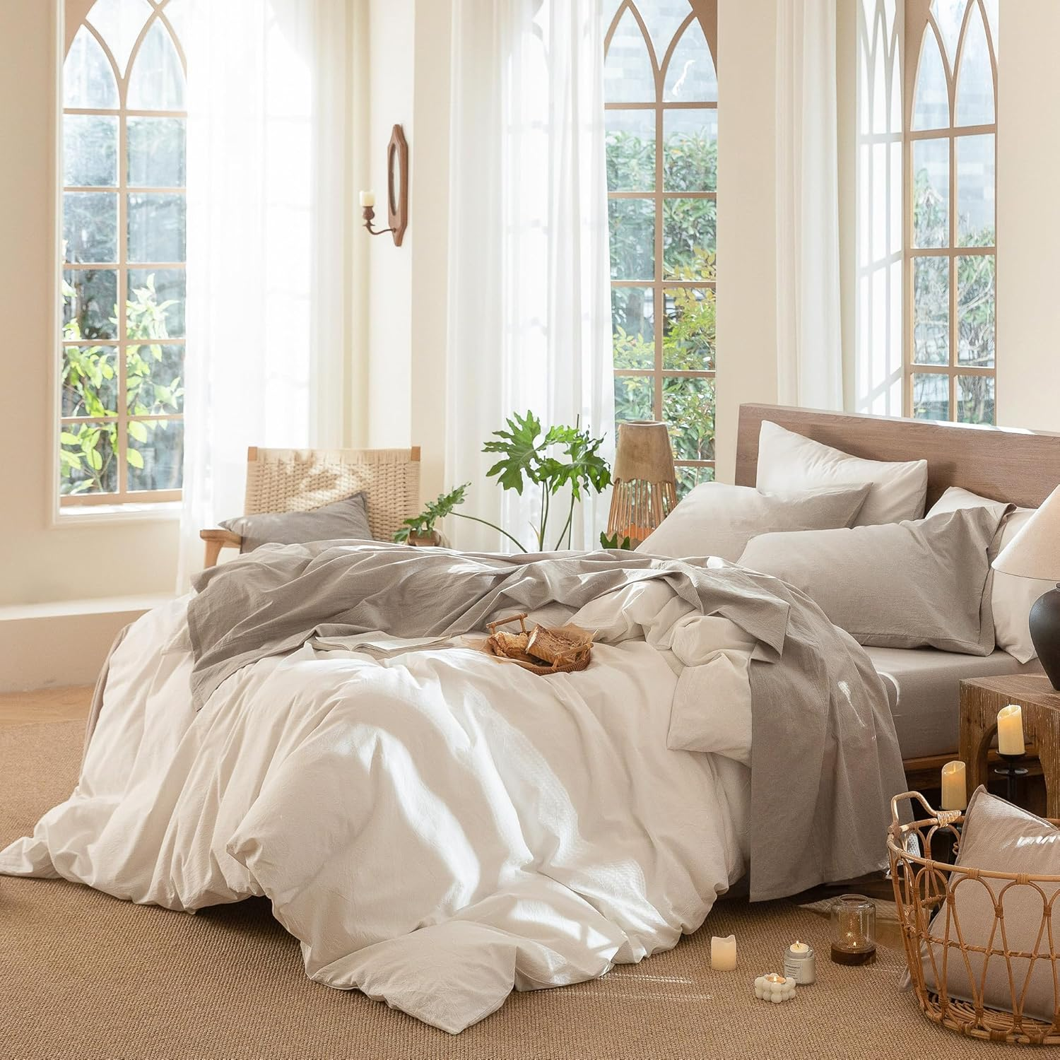 Moomee Bedding Sheet Set 100% Washed Cotton Linen like Textured Breathable Durable Soft Comfy (Tannish Linen Grey, Queen) image number 6