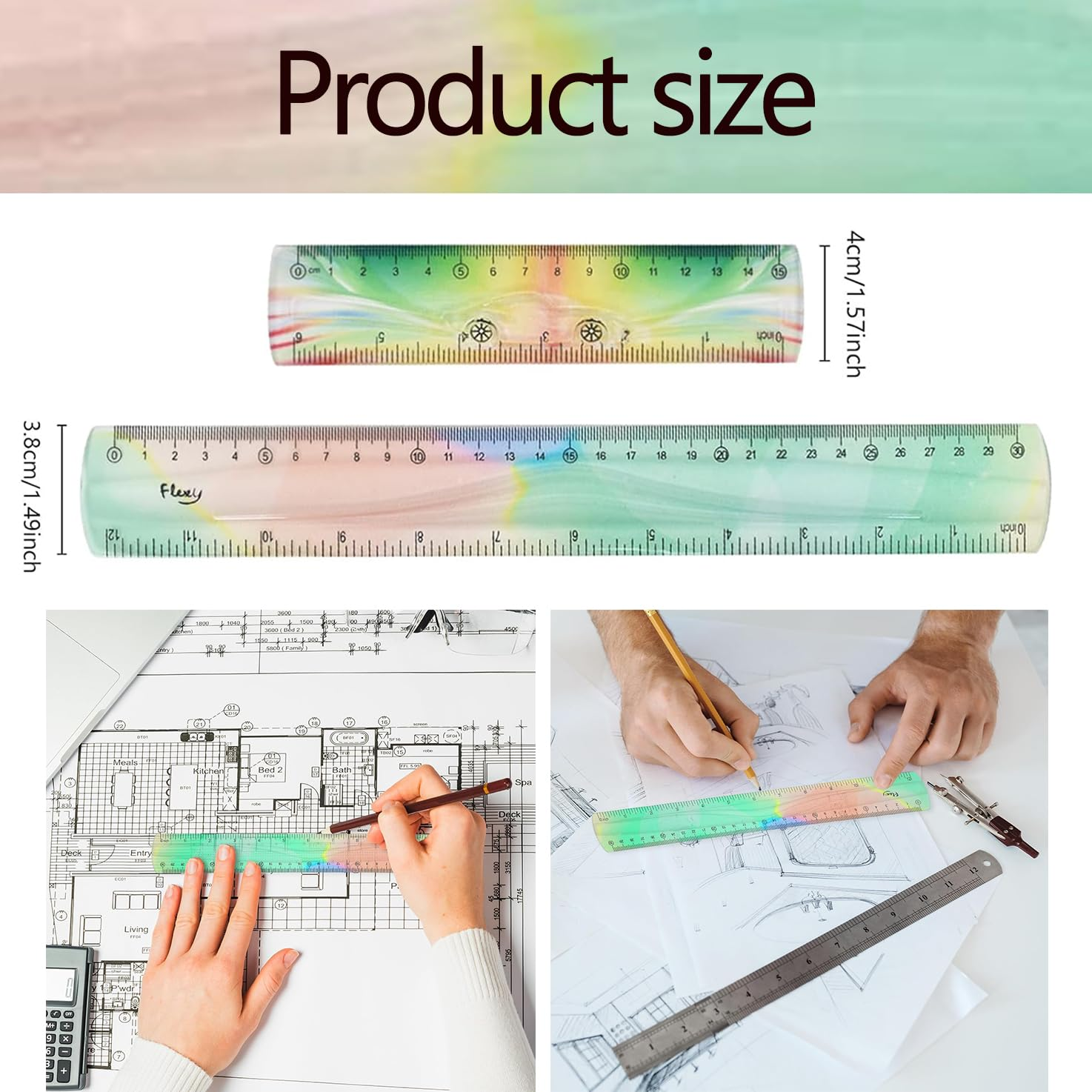 WADY 2 Pieces Flexible Ruler, Flexible Ruler Plastic Ruler Shatterproof Straight Edge Ruler 15/30Cm Soft Bendable Ruler for School Classroom Office Kids & Adults (Colorful, 6Inch+12Inch) image number 5