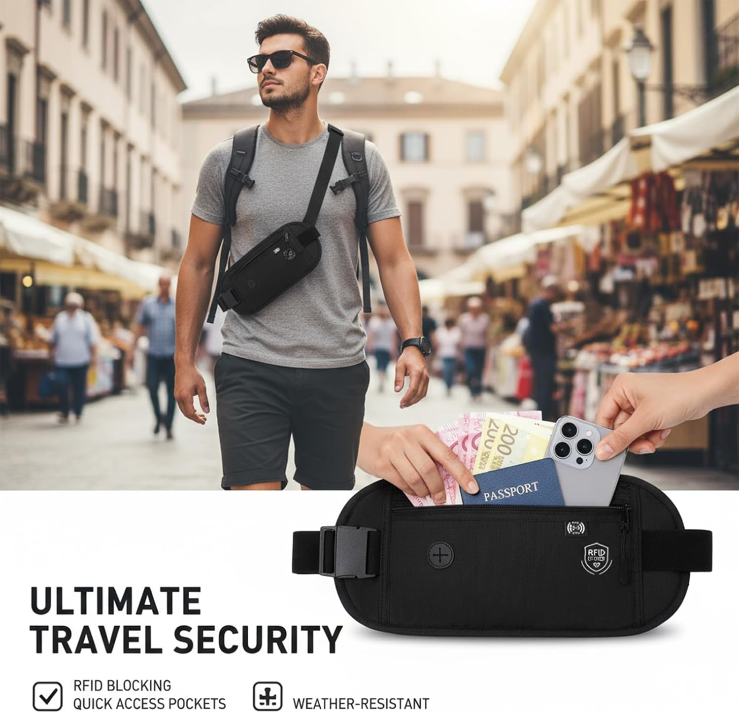 VEGCOO Money Belts for Travel Hidden, Ultra-Slim Travel Wallet RFID Blocking Passport Holder, anti Theft Wallet Bumbag for Men and Women image number 2