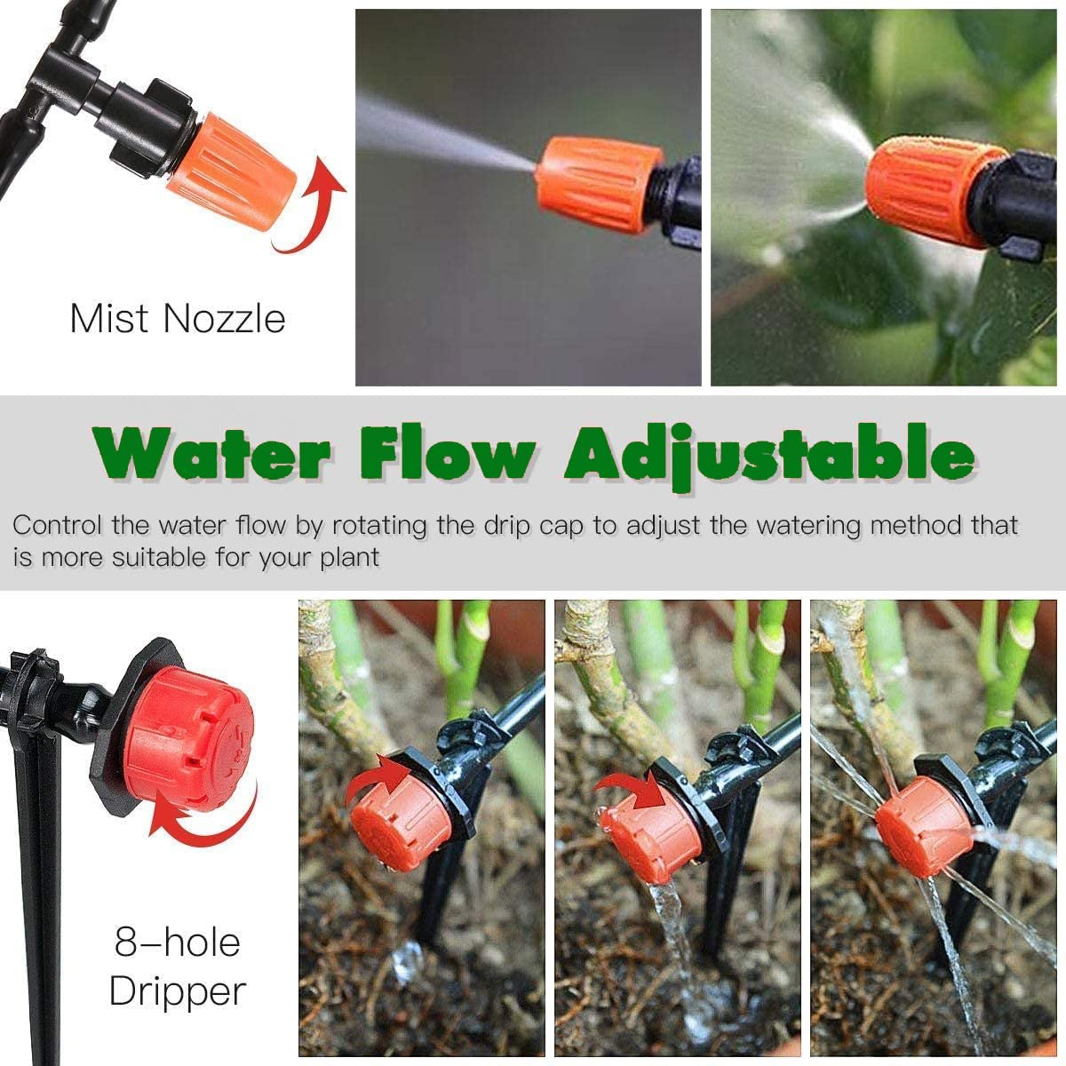 Drip Irrigation Kit, 100Ft/30M Mist Irrigation Kit Garden Watering Automatic System DIY Irrigation Tubing Kits with Hose Atomizing Nozzles Drippers Drip Connectors, for Flower Bed, Lawn, Patio Plants image number 6