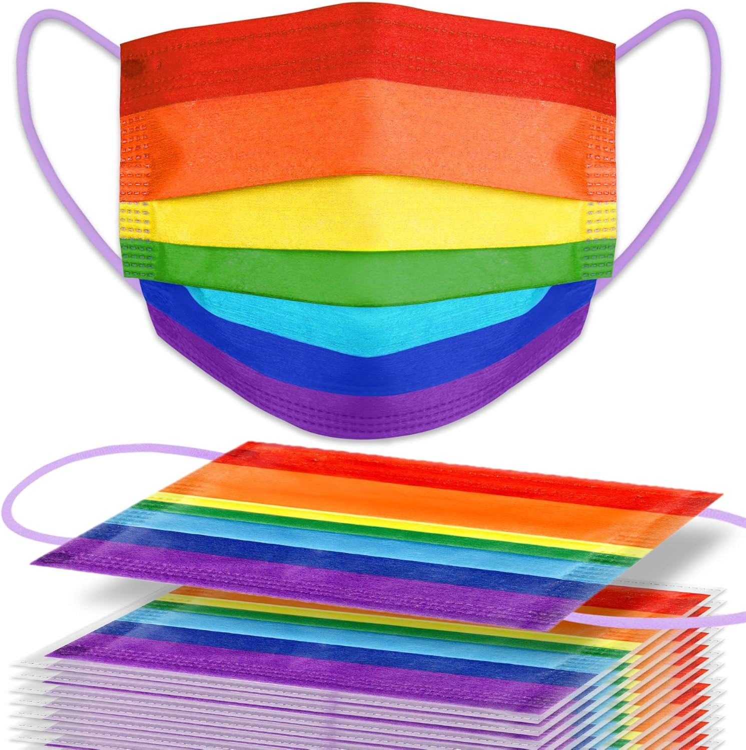 Kids' 60PCS Disposable Face Mask Rainbow Colors Individually Packaged 3-Layer Filter Purple Color Soft Elastic Earloop Nonwoven Fabric