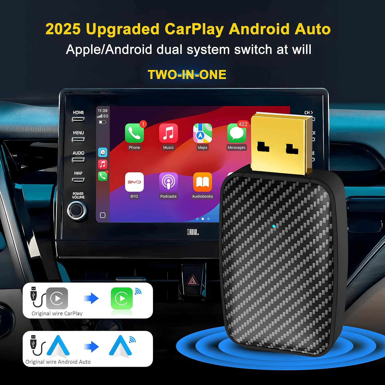 2 in 1 Wireless Carplay Adapter, Convert Factory Wired to Wireless Carplay Dongle/Android Auto Adapter, Plug & Play Bluetooth Magic Link Carplay Fast Connection for Ios 10+ / Android 10+ / Cars 2017+ image number 1