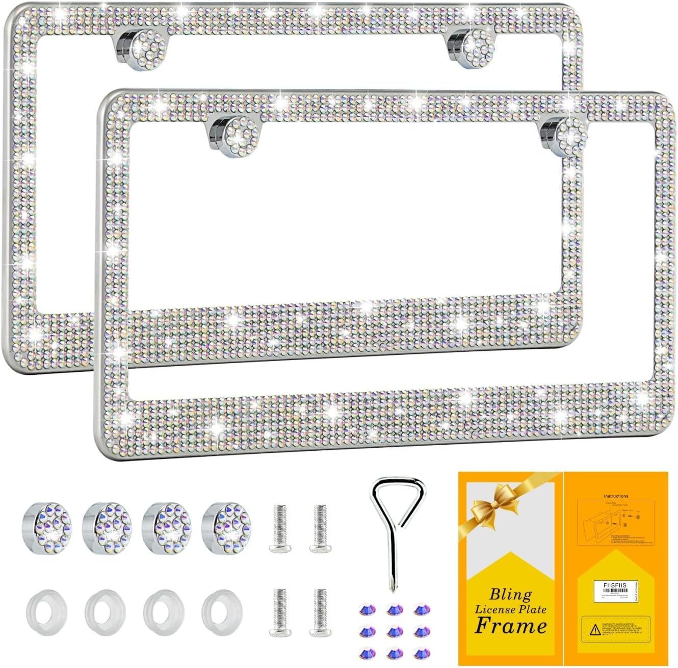 Bling License Plate Frame for Women,2 Pack Premium Stainless Steel Rhinestone Car License Plate Holder,Handmade Glitter Crystal Diamond Lincense Plate Cover,Bedazzled Sparkly Caps-Pink