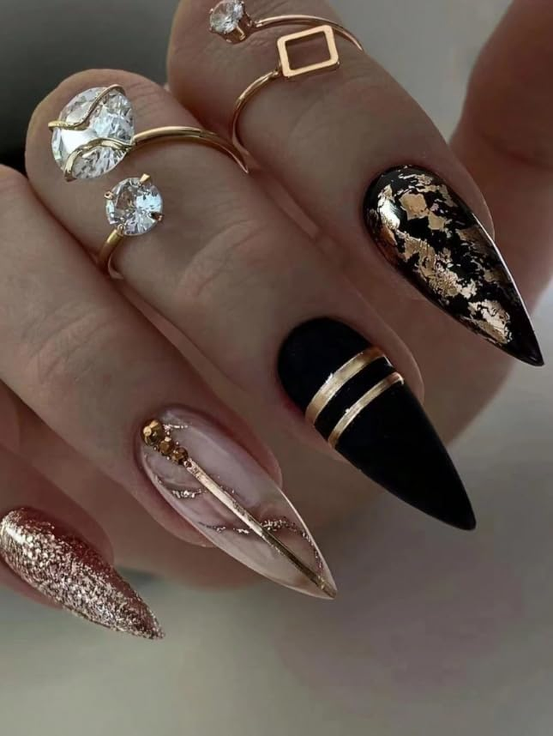 24-Piece Press on Nails, Lots of Patterns, Shapes and Colours, with Nail File and Tape - Reusable - Luxury (Black Gold Pattern - Almond)