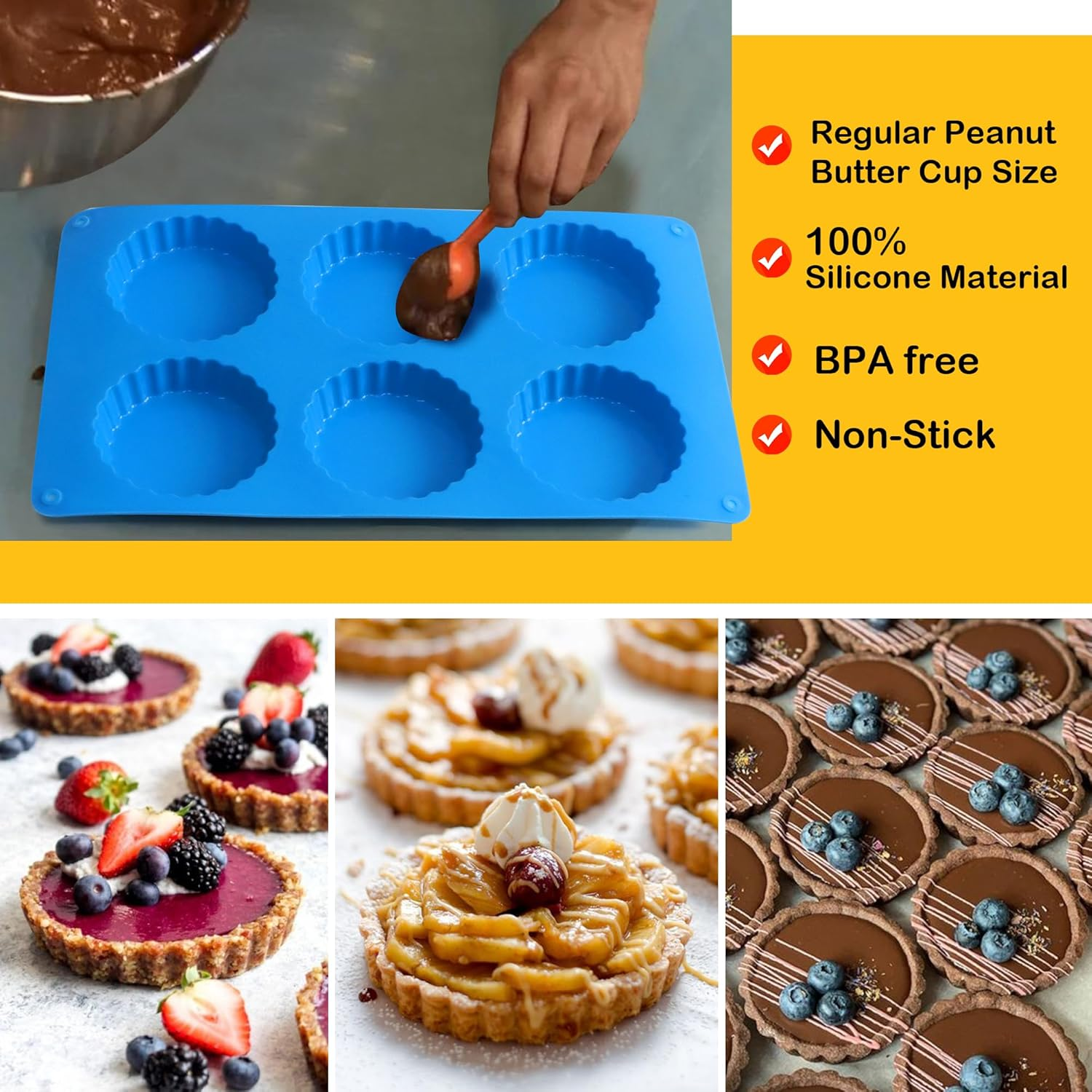 Sidosir 3Pcs Peanut Butter Cup Mold, Silicone Mini Tart Pan for Bite Size Fat Bombs, Silicone Chocolate Candy Mold for Brownie (Keto Cup) image number 6