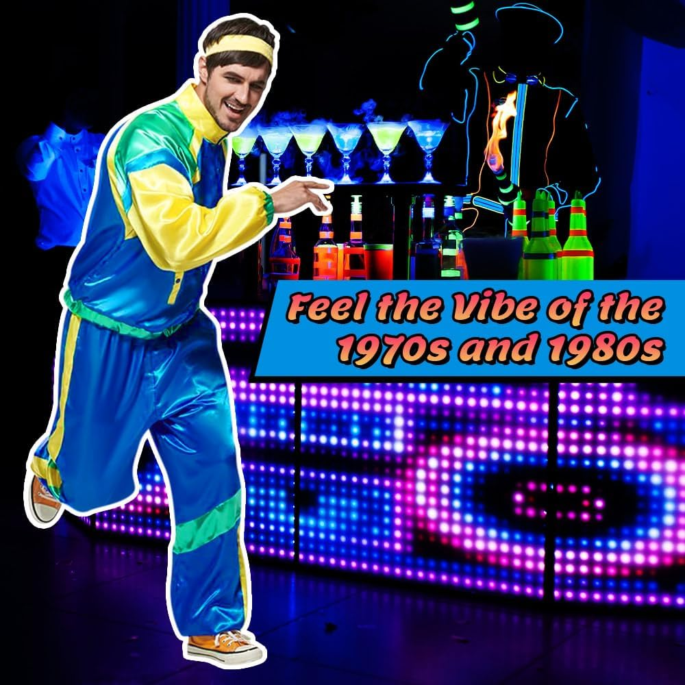 AUTOWT 70S 80S Shell Suit, Men Women Lightweight Long Sleeve Tracksuit, Retro Color Block Hip Hop Windbreaker Disco Costume for Rock Festivals Carnival Parties Mardi Gras No Accessory