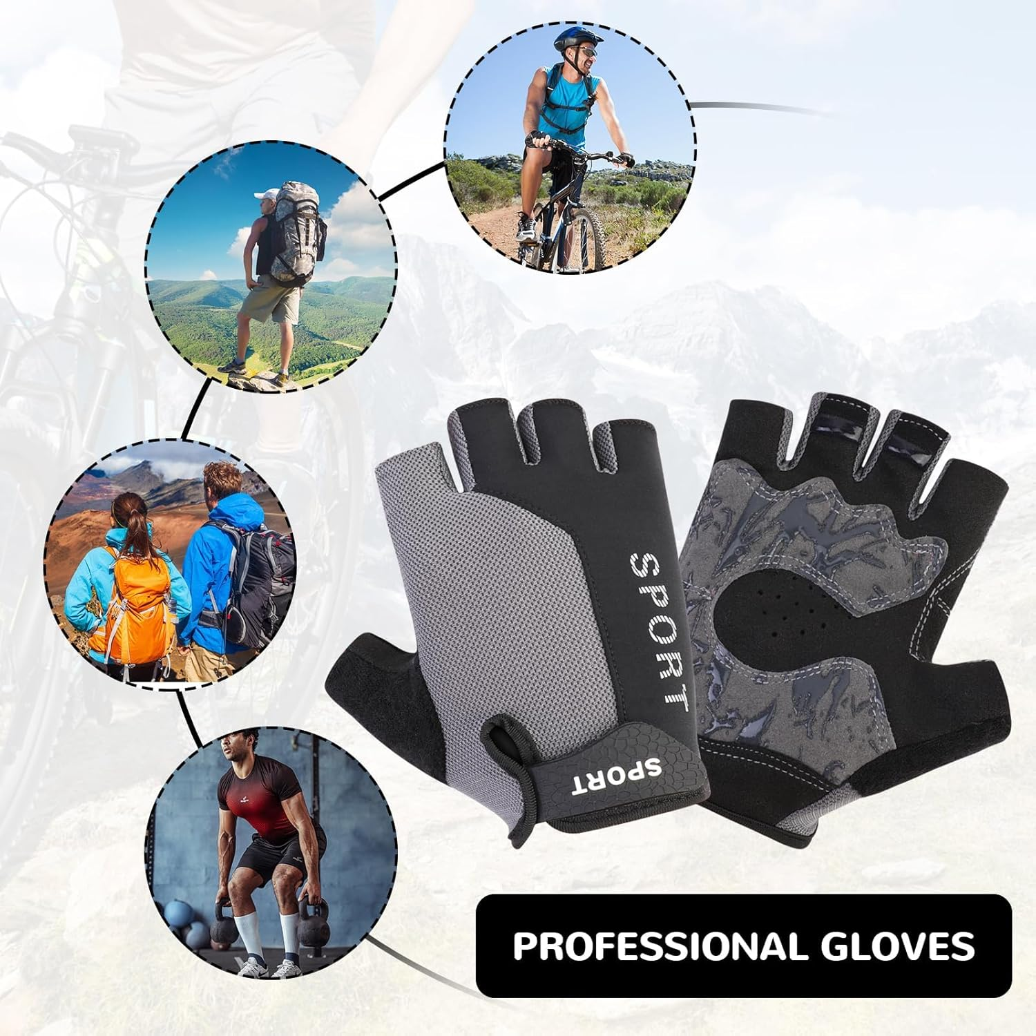 Cycling Gloves, Half Finger Bicycle Gloves with anti Slip Gel Pad, Breathable MTB Gloves Sports Gloves for Men and Women (Grey)