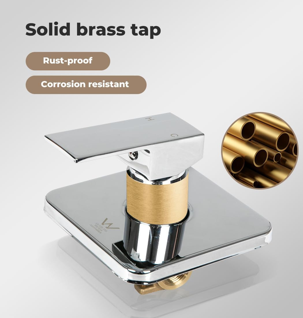 Dutxa Shower Mixer Tap Brass Bathroom Faucet Valve Chromed Square Silver,Showerhead Tap Fixtures Wall Mounted,Kitchen Bath Basin Taps Accessories Hot & Cold image number 1