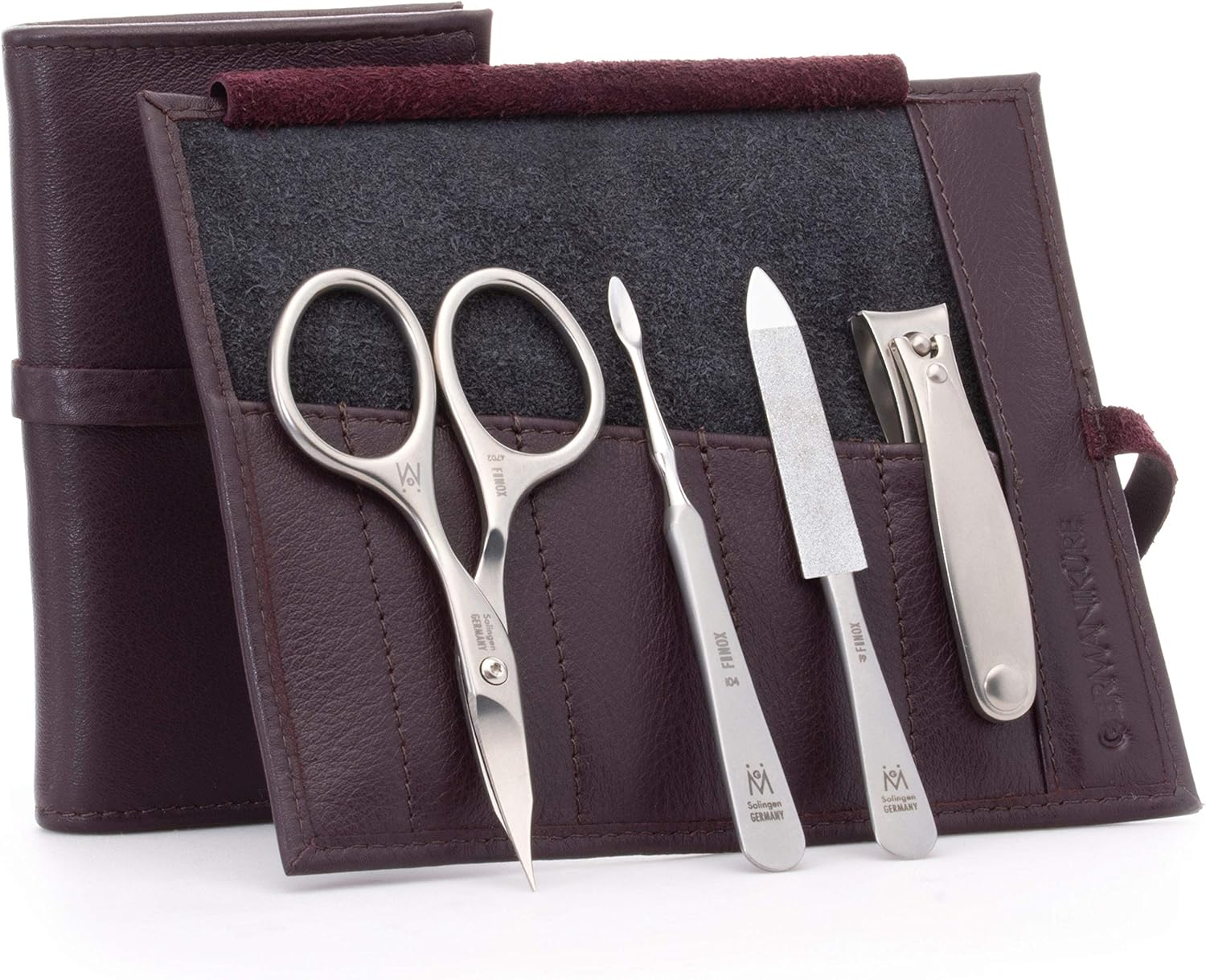 GERMANIKURE 4Pc Manicure Set in Black Leather Case - Made in Solingen Germany, FINOX Stainless Steel Tools &ndash; Professional Quality Compact Nail Grooming Kit