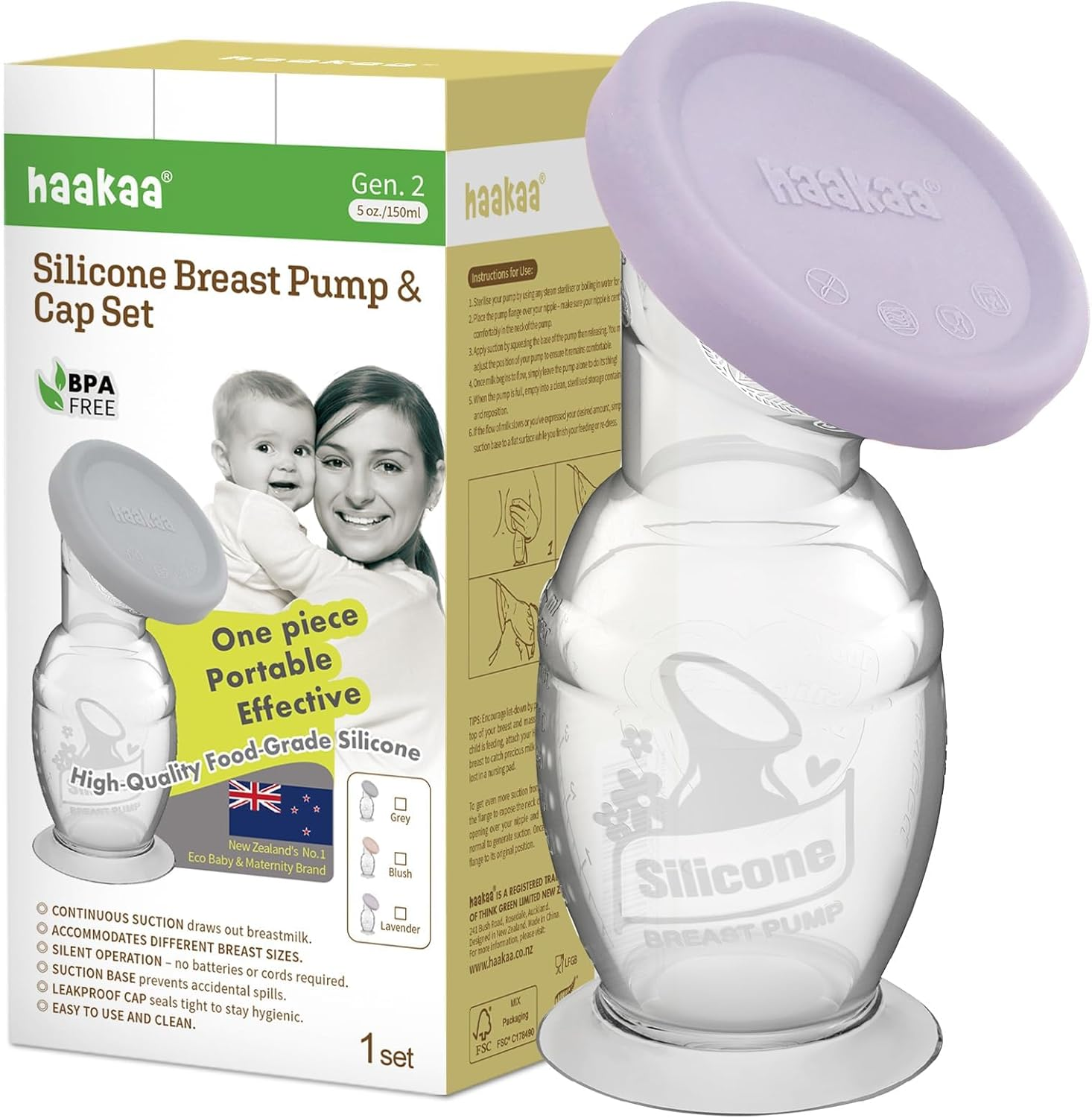 Haakaa Manual Breast Pump with Suction Base and Blush Gap, Breastmilk Collector Breastfeeding Pump (5Oz/150Ml)