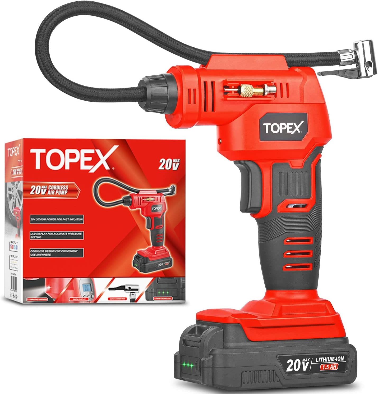 TOPEX 20V Cordless Air Compressor Car Tyre Inflator W/Digital Pressure Gauge LED Light image number 3