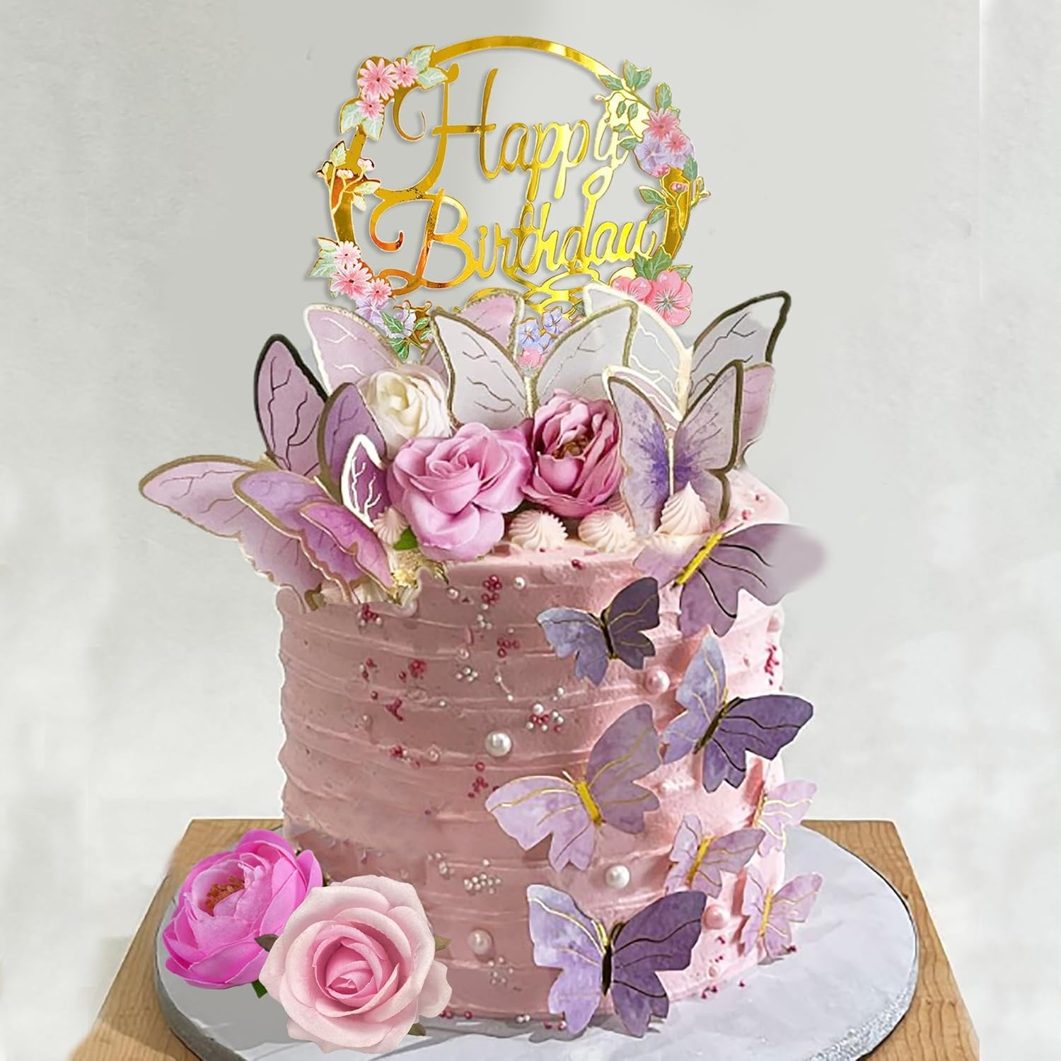 28 Pcs Butterfly Cake Topper Butterfly Cake Decorations with Artificial Flowers for Women Girls Birthday Anniversary Party Supplies image number 2