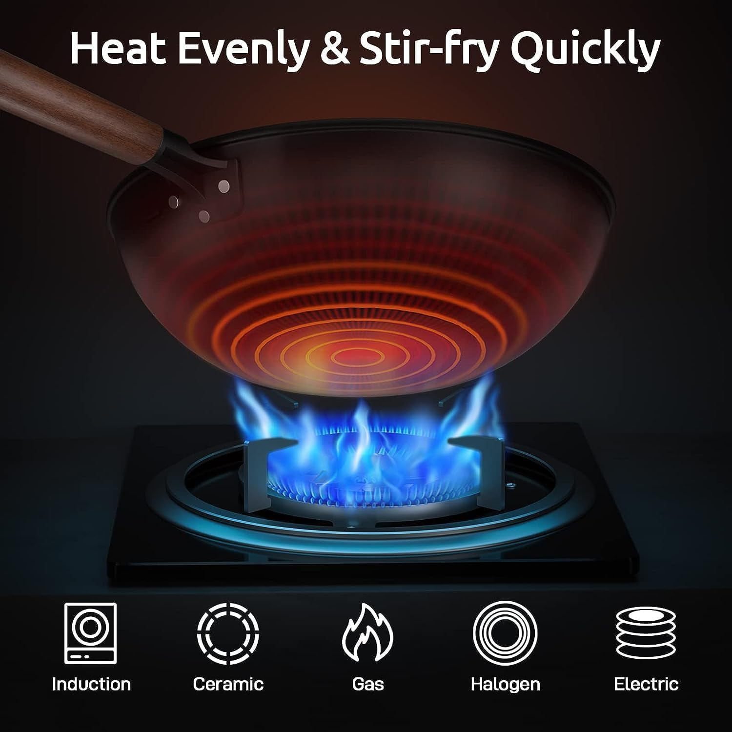 Carbon Steel Wok, 13" Wok Non Stick Wok Pan with Lid, Woks & Stir-Fry Pans for Electric, Induction and Gas Stoves image number 4