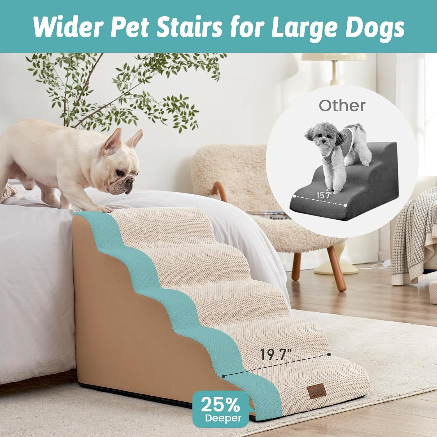 Cosy KISS Wide Dog Stairs for Large Dogs 50Cm Width, Dog Step for Small Dogs, Puppy or Cat, Medium Pet Ramp for High Bed or Car, High Density Foam Ladder, 50X84X57 Cm, Stable, 5 Step, Beige image number 2
