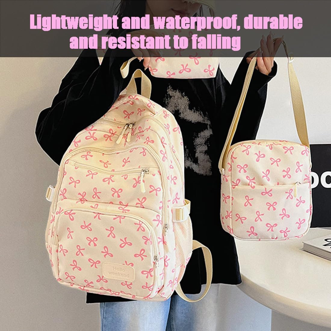 3Pcs Set Bow Backpack for Girls, Pink Bow Backpack, College Style Large Capacity Nylon Bow Bookbag Set - Pink image number 5