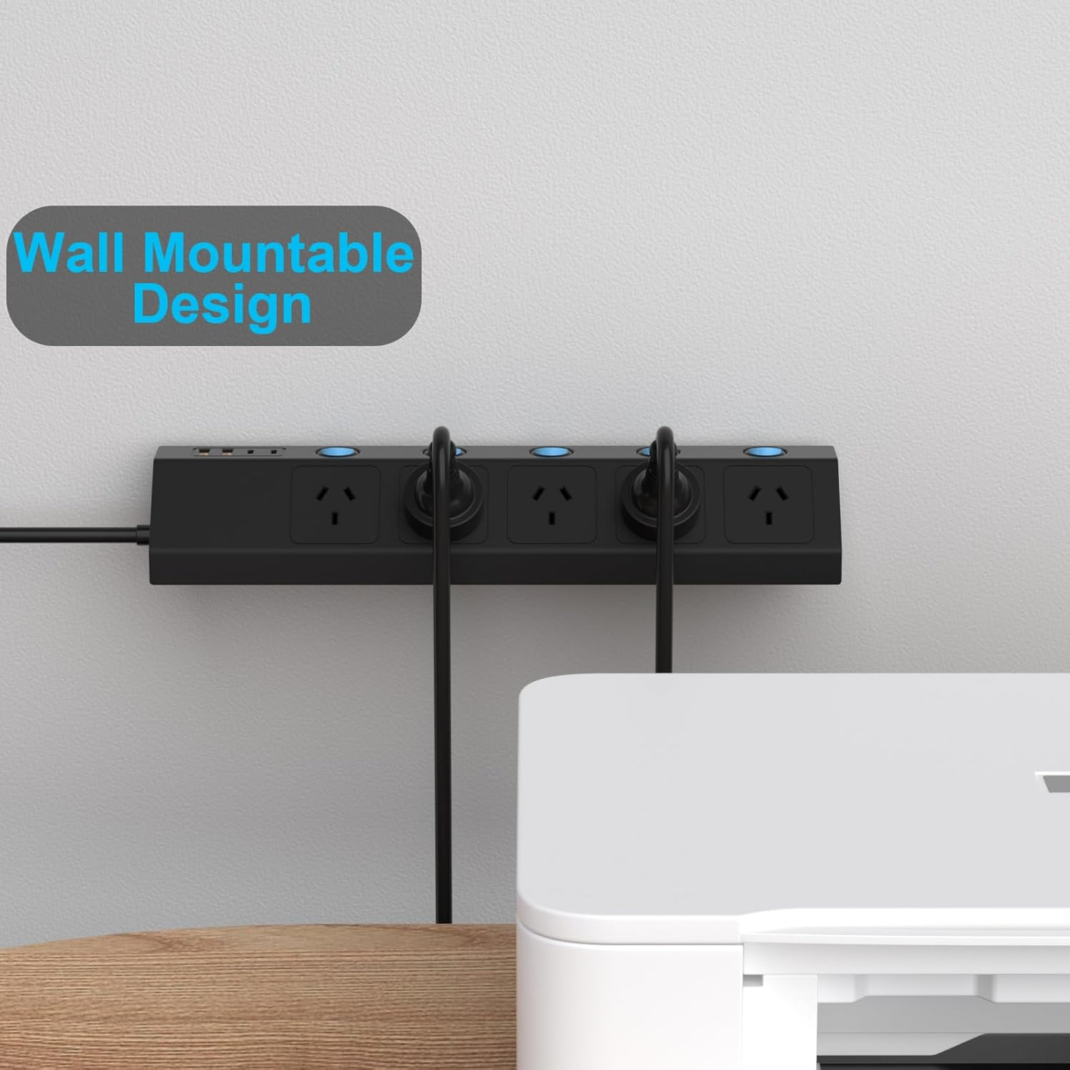 HITRENDS Power Strip with 5 AC Outlets, 1.5M Cable 2 USB a and 2 USB C Surge Protector Power Board with Switch, Ideal for Home and Office Use, Black image number 4