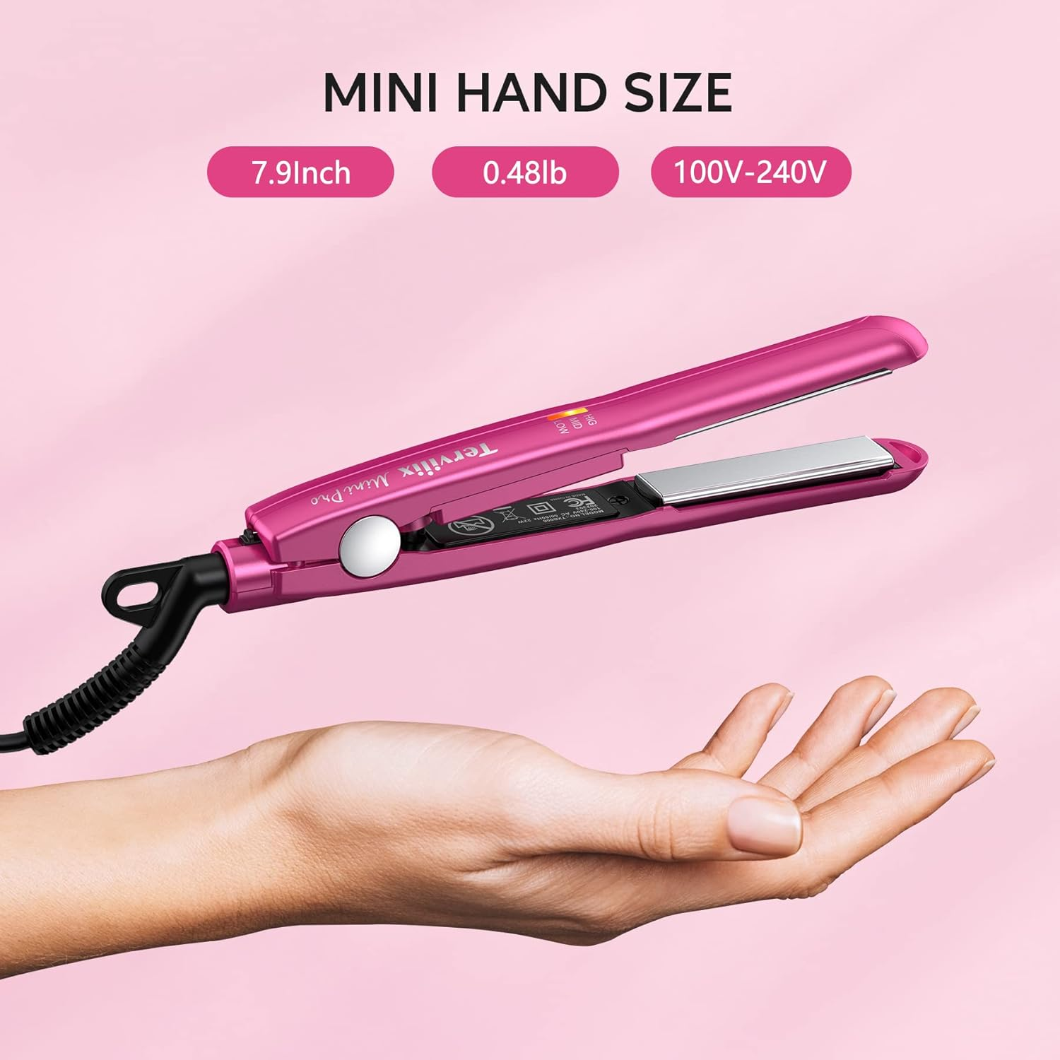 Terviiix Mini Flat Iron Adjustable Temperature, Travel-Size Mini Hair Straightener, Small Flat Irons for Short Hair/Curls Bangs, Ceramic Portable Tiny Hair Curler, Dual Voltage, Auto-Off, Pink, 1/2'' image number 5