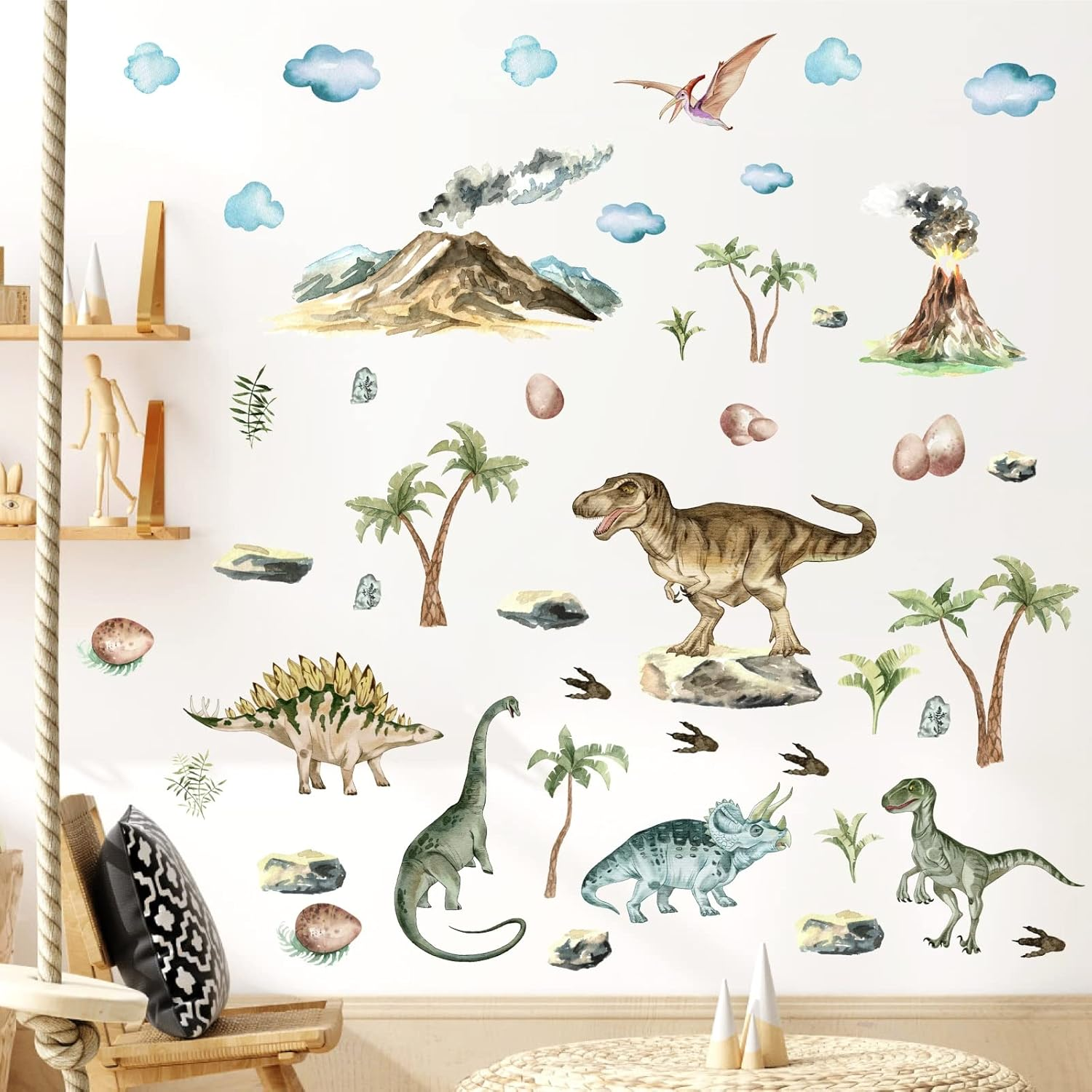 Barri Design Large Watercolor Dinosaur Wall Decals Creative Animal Dino Peel and Stick Mountain Forest Big Dinosaur Stickers for Boys Room Kids Bedroom Toddler Classroom Nursery Decor