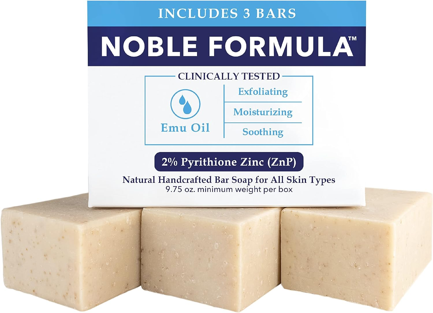 Noble Formula 2% Pyrithione Zinc (Znp) Emu Oil Bar Soap, Especially Formulated for Acne, Psoriasis, and Eczema, Safe for Daily Use and All Skin Types, 3 Bars in 1 Box, Total 9.75 Oz