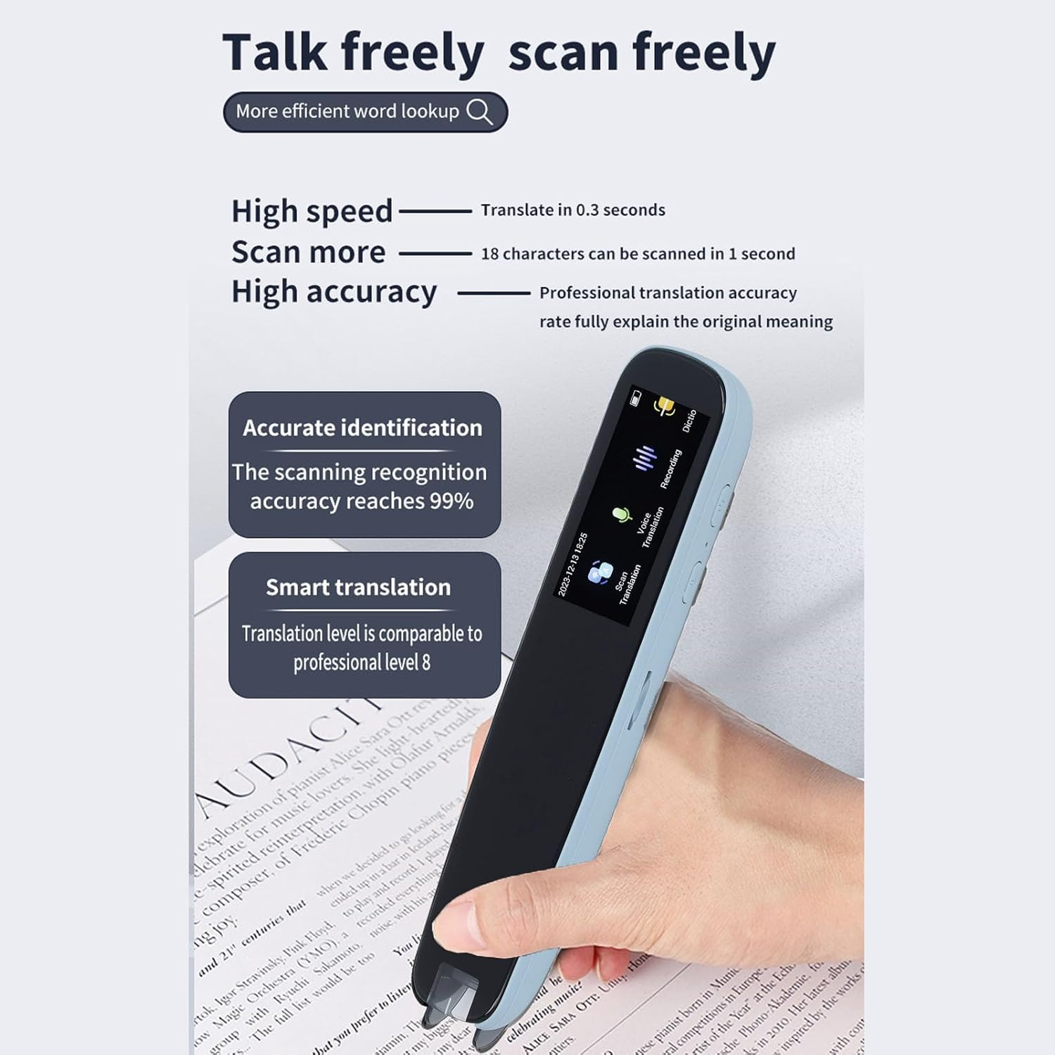 Scan Reader Pen, Recording Function Supported ABS Shell Multifunctional Wide Application Massive English Word Thesaurus Smart Voice Translator Pen for Homework (Blue) image number 3