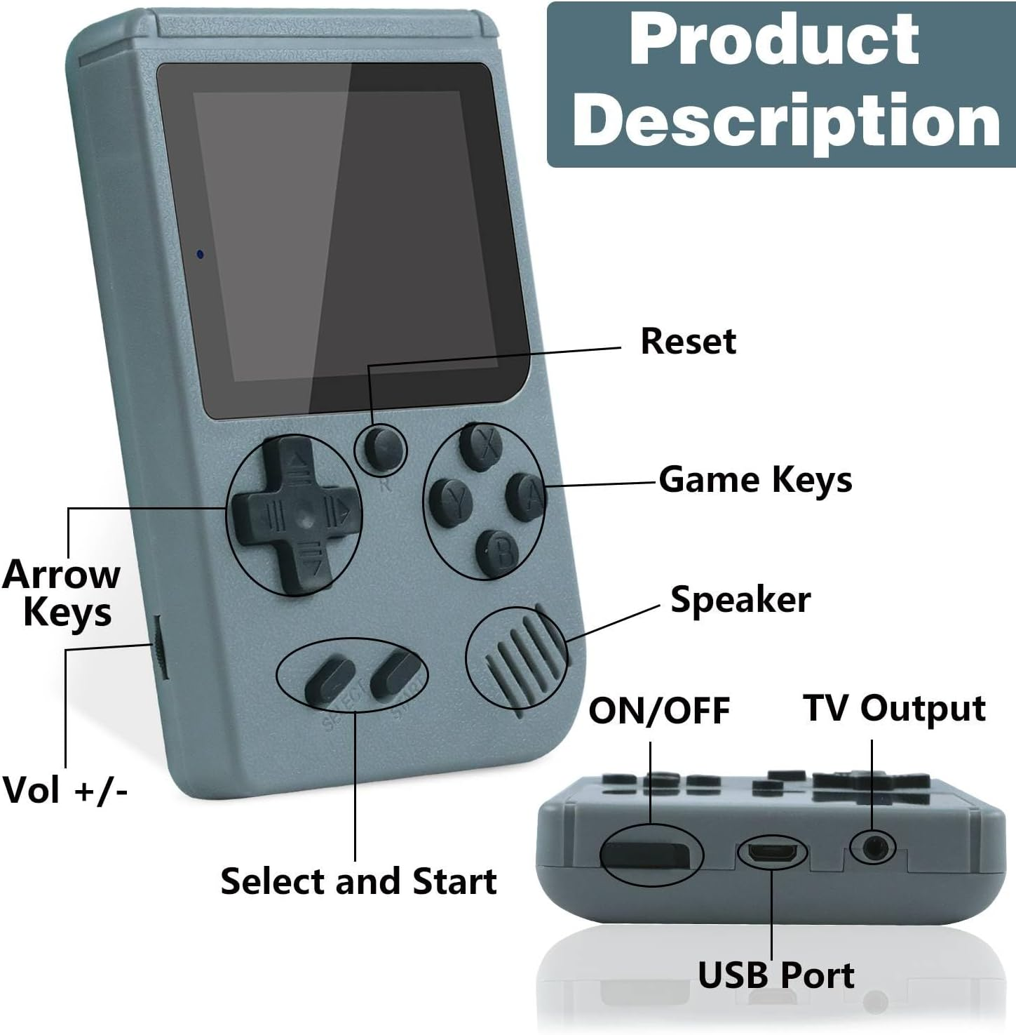 Retro Handheld Game Console with 500 Classical FC Games - 3.0 Inch Screen, 1200Mah Rechargeable Battery Support for Connecting TV and Two People to Play Together Grey01 image number 6