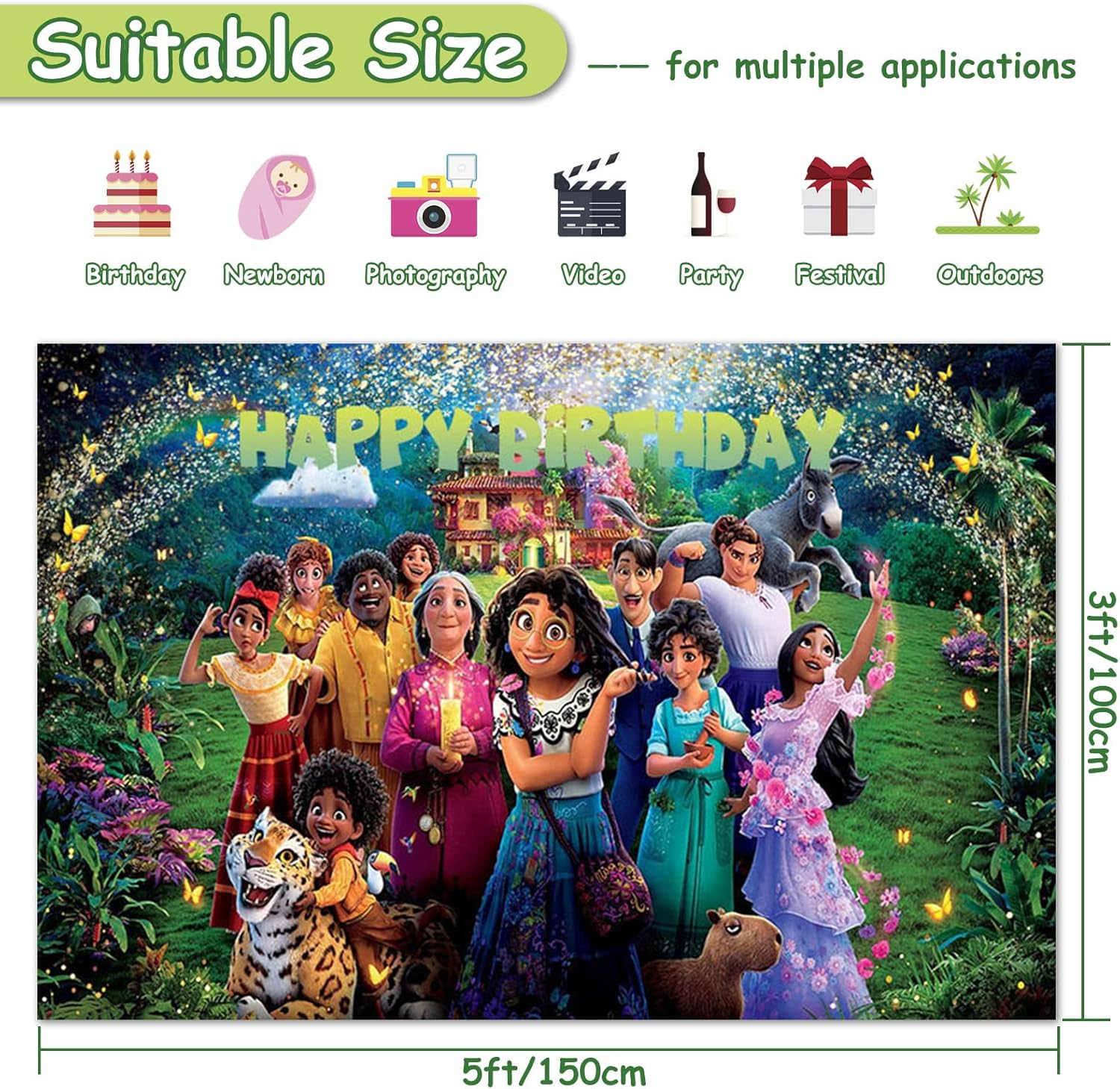 Encanto Happy Birthday Backdrop, Magic House Movie Theme Party Background Birthday Party Decoration Supplies Large Fabric Photo Booth Banner for Baby Girls Boys Kids Children Teens, 5X3Ft image number 6