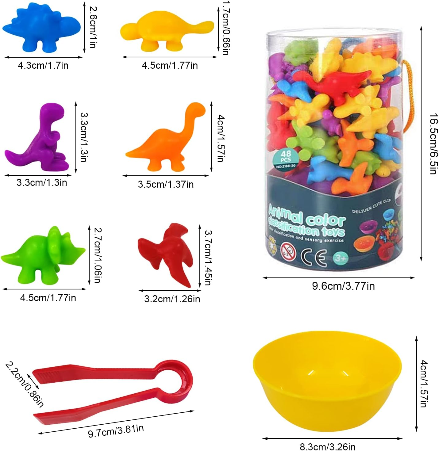 Rainbow Dinosaur Sorting Toy, YEESON 56 Pcs Counting Dinosaurs Toys Set, Dinosaur Counting Matching Game for Kids with Sorting Bowls and Tweezers Suitable for Toddlers and Preschoolers image number 3