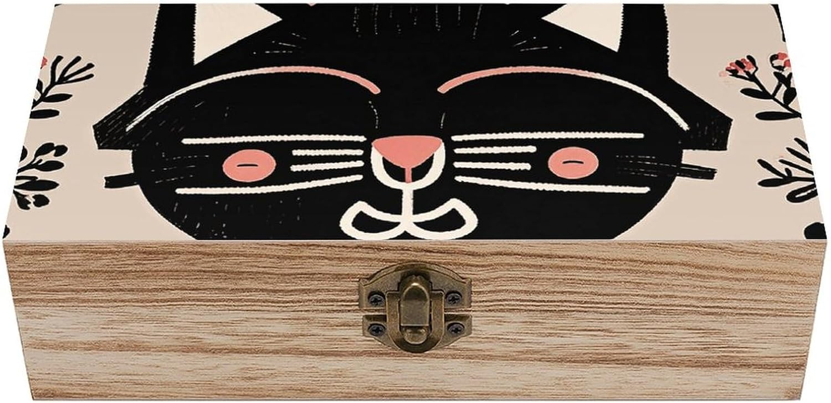 Black Cat Wooden Box Wood Wedding Keepsake Boxes with Lids Small Decorative Boxes Lightweight Wooden Memory Storage Box for Crafts Keepsakes Jewelry Photo Letter Storage image number 2