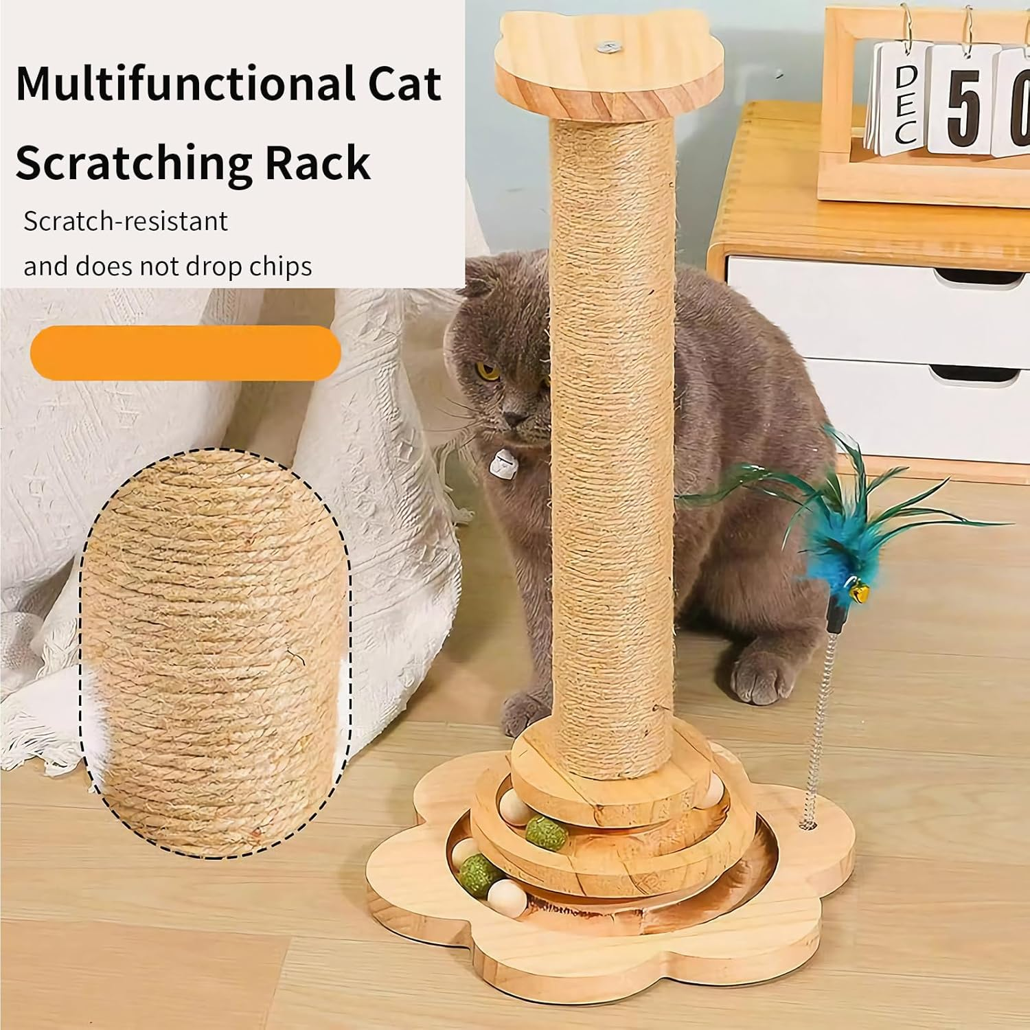 Cat Scratching Post 50 CM with Dangling Ball and Cat Teaser, Cat Scratcher Kitten Toys for Indoor Cats Wooden Ball Track, Scratch Post Interactive Toy image number 2