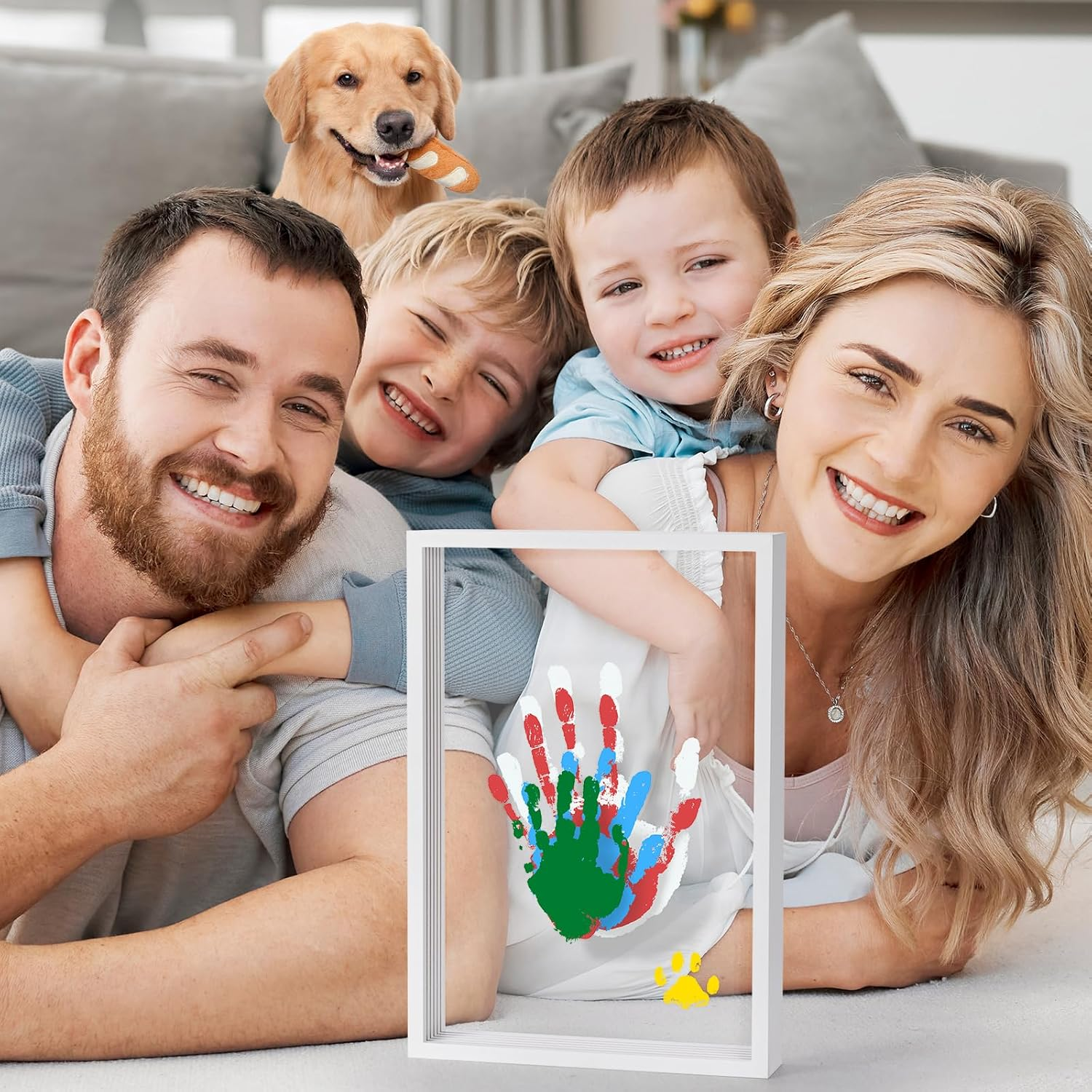 Clear Family Handprint Kit - Gifts for New Parents, Family Gifts - DIY Handmade Keepsake Wooden Frame - 5 Non -Toxic Paint Included - Transparent Sheets (White) image number 3