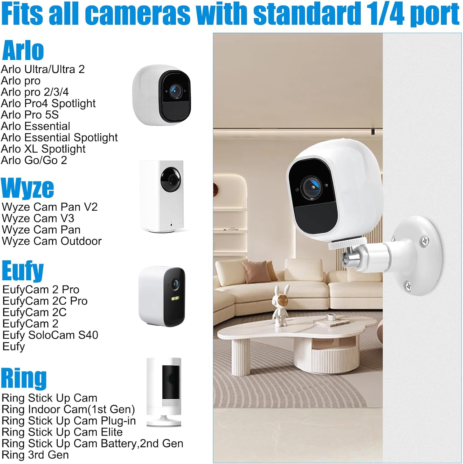 Adjustment Wall Mount Compatible with Ring Stick up Camera Ring Camera Holder Outdoor 360&deg; Adjustable Security Camera Wall Mount Ring Cam Camera Wall Mount for Arlo Arlo Pro Cam System image number 2