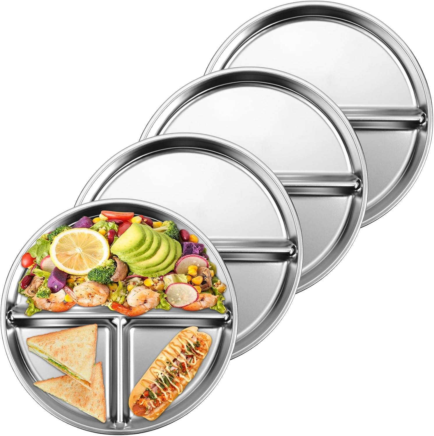 Tehalk Set of 4 Stainless Steel Kids Plates, Portion Control Platter with 3-Compartment, Unbreakable Dinner Plates, Divided Food Tray Stainless Steel Plate for Adults Kids, Camping, Lunch and Dinner image number 4