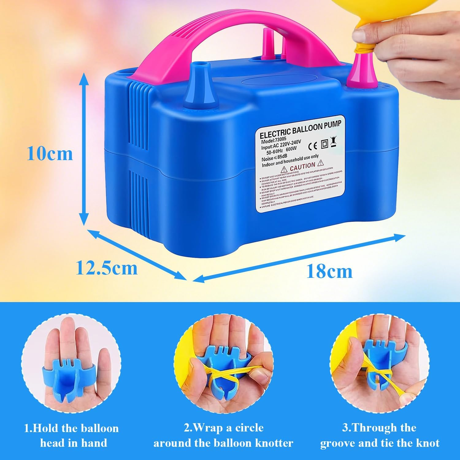 NOAEOU Electric Balloon Pump, Dual Nozzle 220V-240V 600W Balloon Inflator Portable Air Pump Balloon Blower with Tying Tool for Party Decorations image number 6