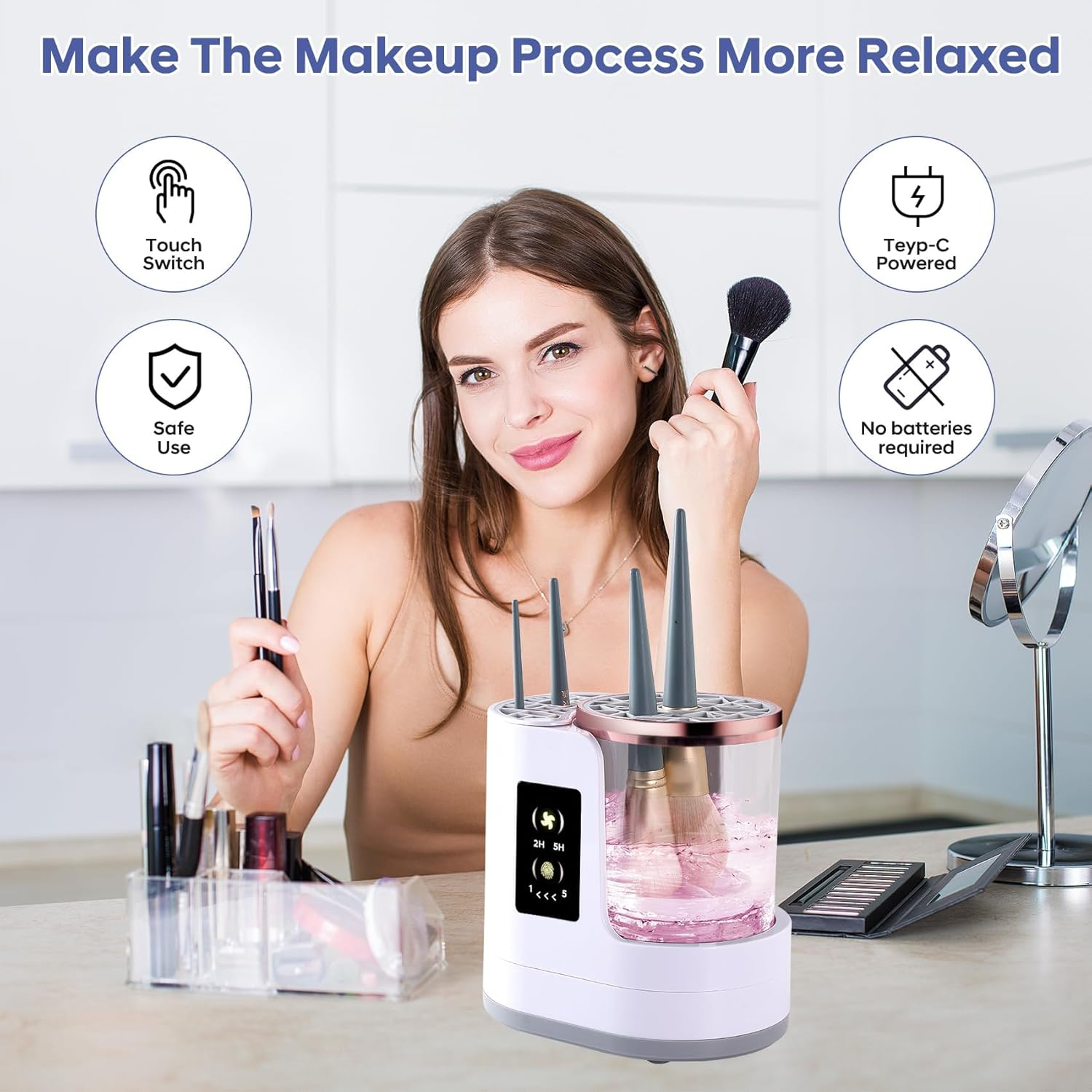 Electric Makeup Brush Cleaner Machine, 3 in 1 Automatic Make up Brush Cleaner with Makeup Brush Dryer,Portable USB Deep Quick Cleaning Tools for All Size Makeup Brush Set,Blush Brush,Sponges image number 6
