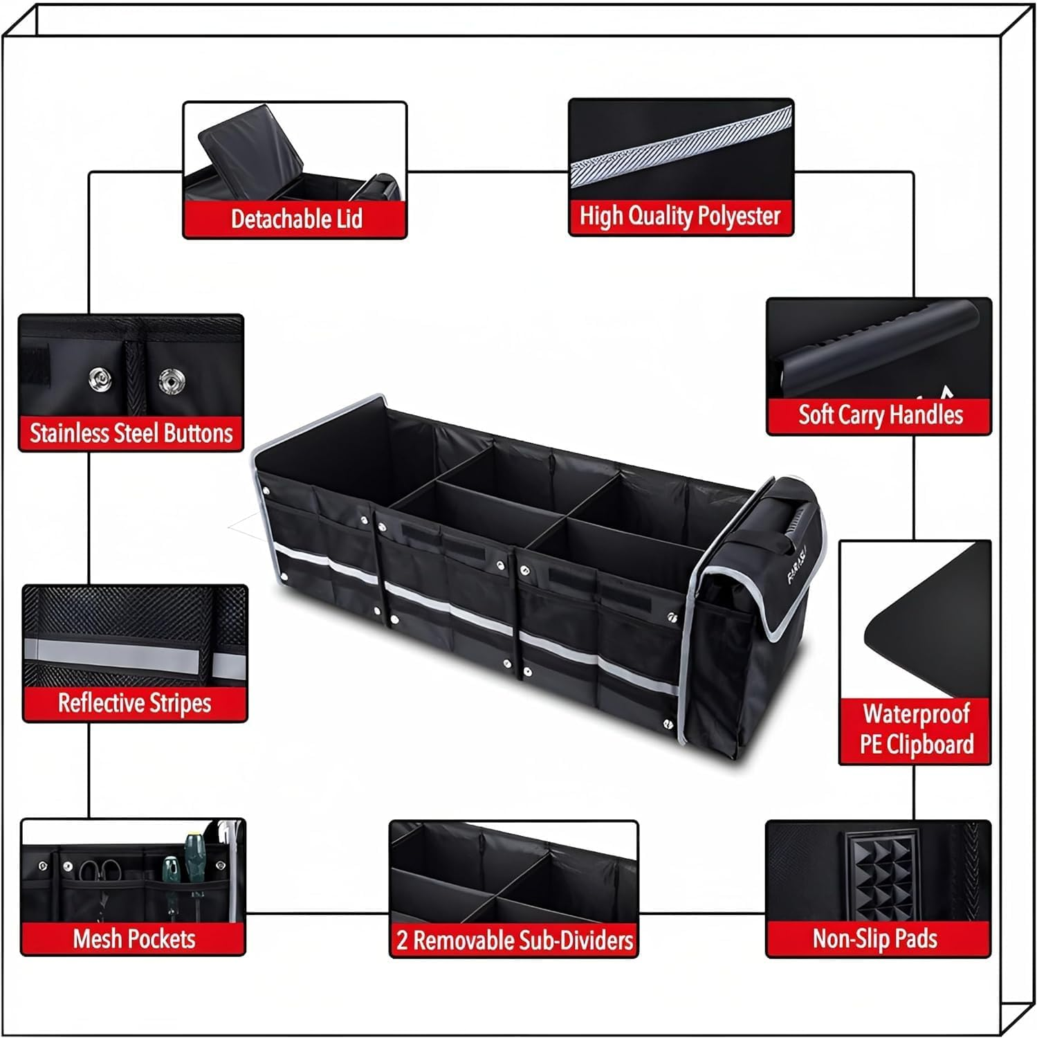 Large Car Trunk Storage Organizer with Built-In Leakproof Cooler Bag, 2 Tie-Down Straps, 4 Removable Dividers, Durable Collapsible Car Boot Organiser for SUV, Car, Sedan image number 6