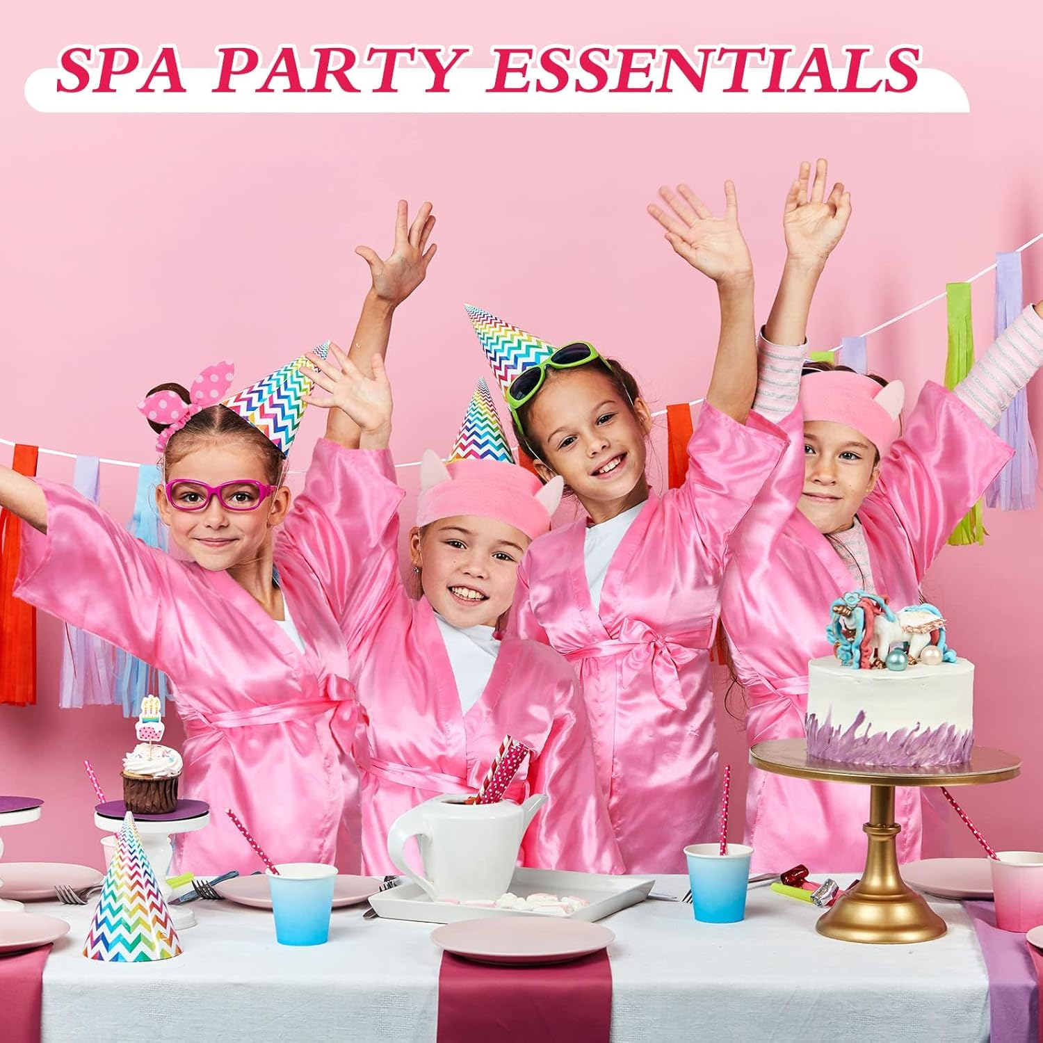 30 Pcs Spa Party Supplies for Girls Kid Satin Kimono Robe Foam Slippers Eye Mask Spa Headband Bow Hair Band(Pink, 10 Yard)
