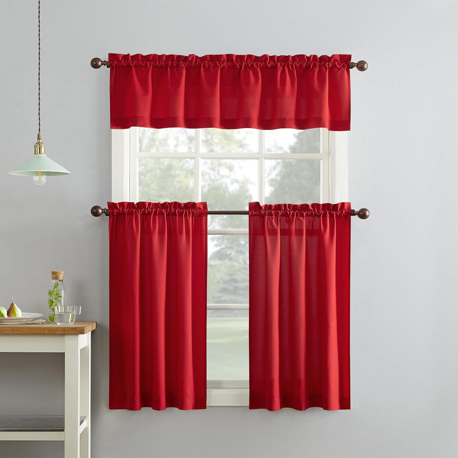 No. 918 Martine Microfiber Semi-Sheer Rod Pocket Kitchen Curtain Valance and Tiers Set, 54" X 45", Red image number 2