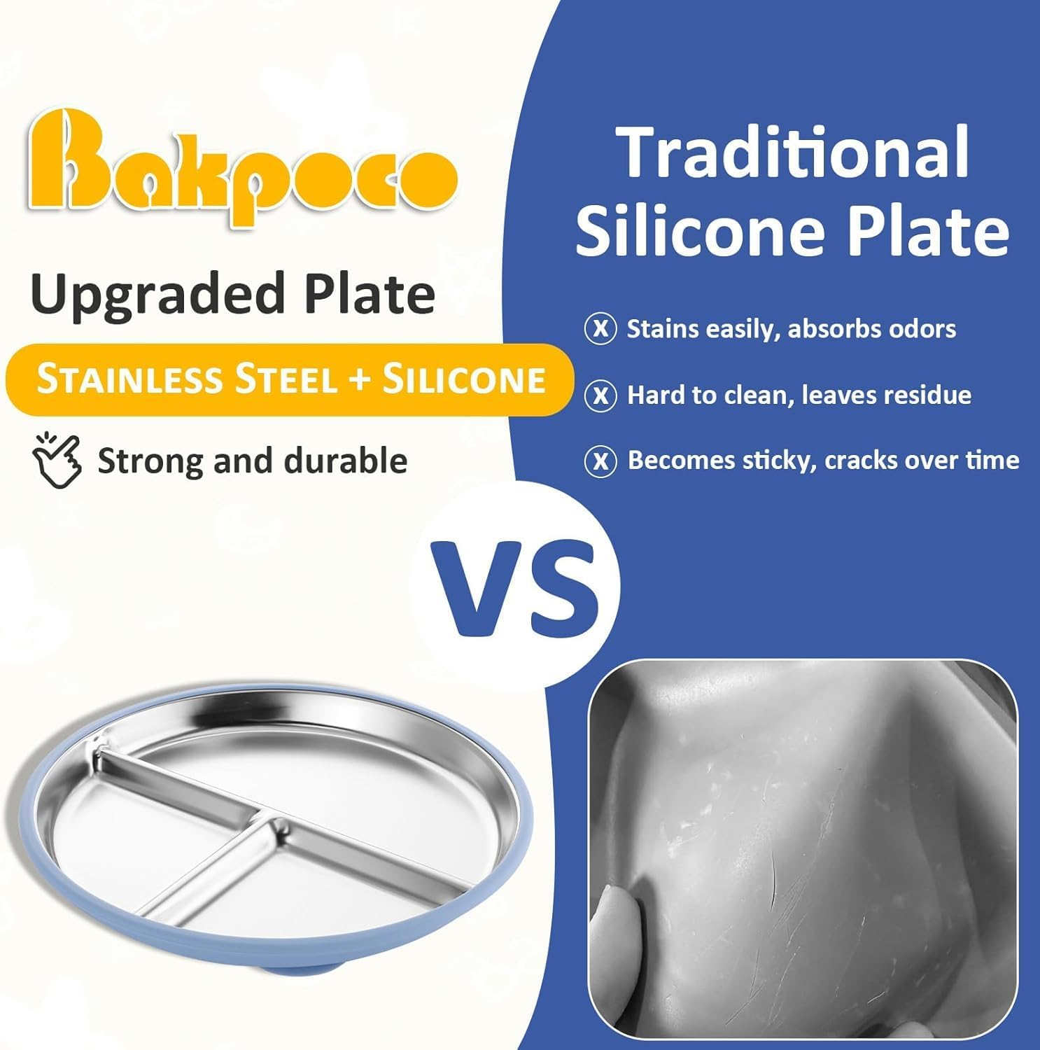 Stainless Steel Suction Plates for Toddlers, 9" Divided Kids Baby Plates with Removable Silicone Suction, Non Toxic Non Slip Portion Control Snack Dishes 4 Packs, Blue Beige Pink image number 1