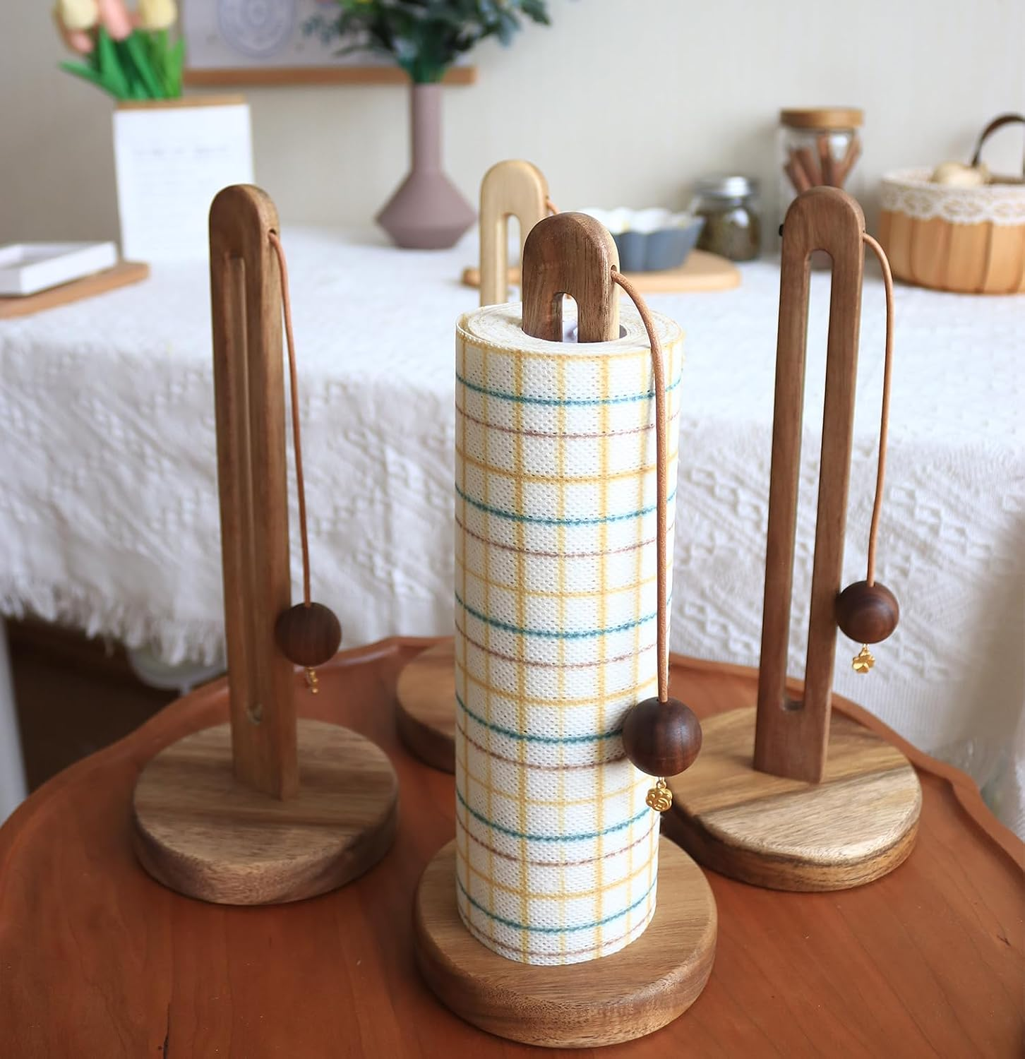 Wooden Kitchen Roll Holder Free Standing, Acacia Wood Paper Towel Stand for Counter, Non-Slip Towel Roll Holder, Farmhouse Organizer Fits Most Size Paper Rolls image number 6