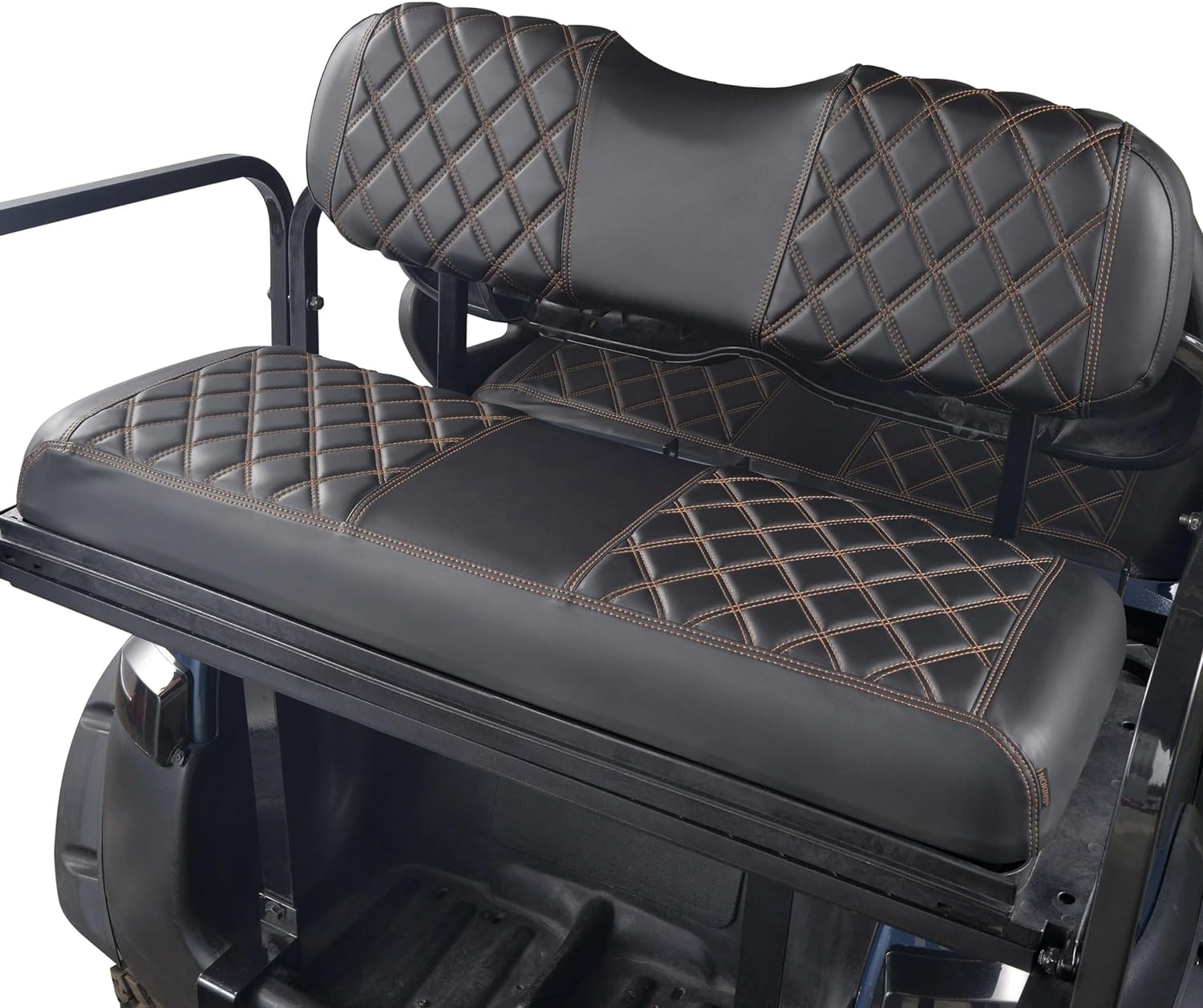 NOKINS Golf Cart Diamond Vinyl Seat Covers, Fit Club Car Precedent DS EZGO RXV TXT Yamaha Drive Aftermarket Regular Rear Seat Cushion, No Stapler, Multiple Colors and Breathable (Black&Brown Stitch)