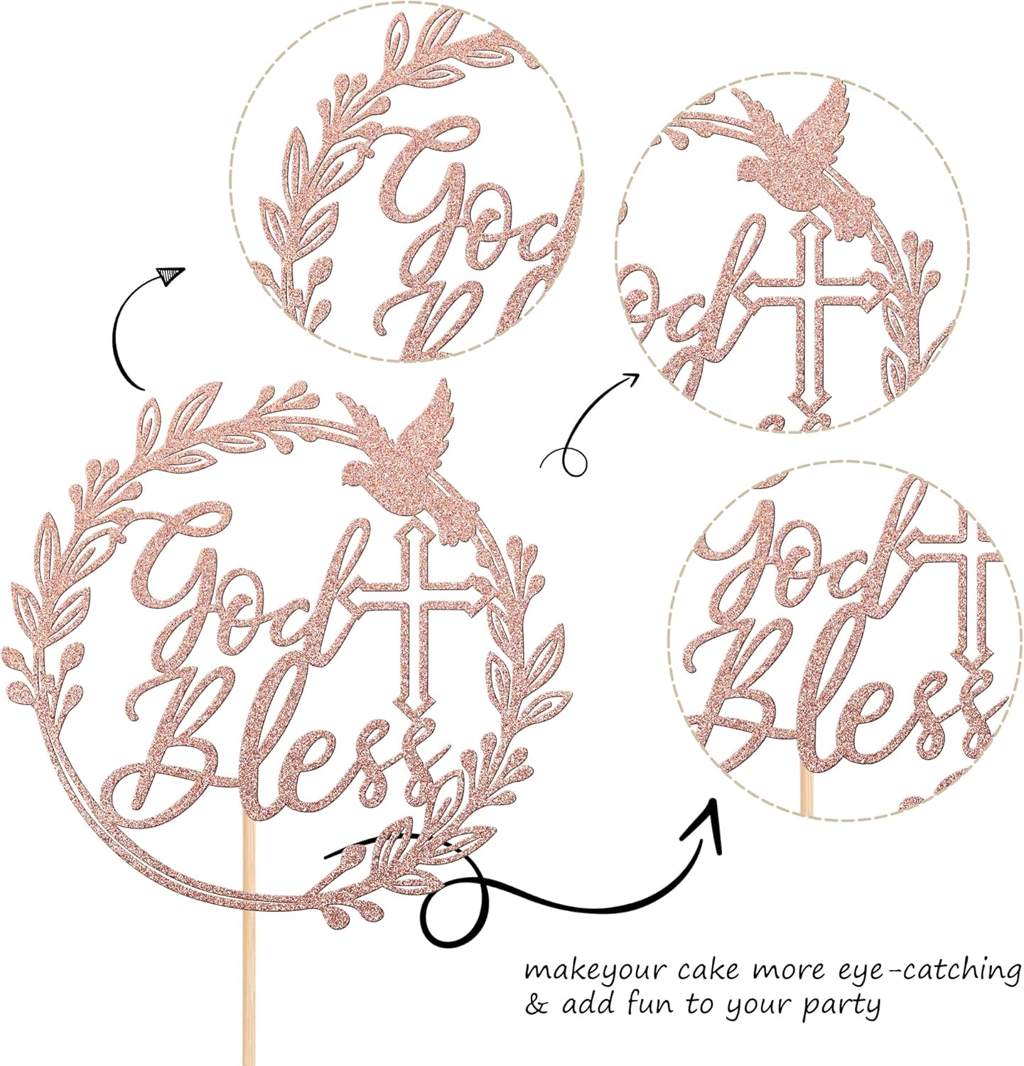 SYKYCTCY 1 Pack God Bless Cake Topper with Dove Glitter Cross First Holy Communion Cake Pick for Celebration Christening Religious Baptism Baby Shower Birthday Party Cake Decorations Rose Gold image number 4