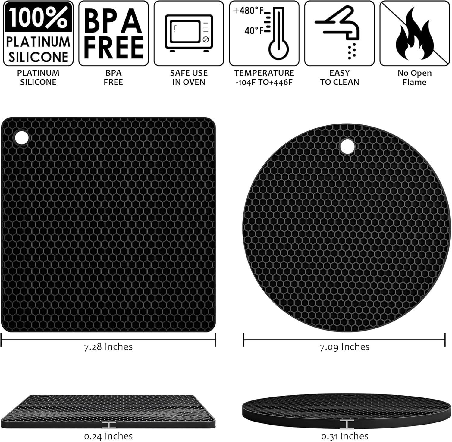 Black Silicone Trivets for Pots and Pans, Silicone Hot Pads Mats, Heat Resistant Trivet Mat Pot Holder, Counter Top Protector and Teapot Coaster Set of 4 (2 Round+2 Square Mats) image number 6