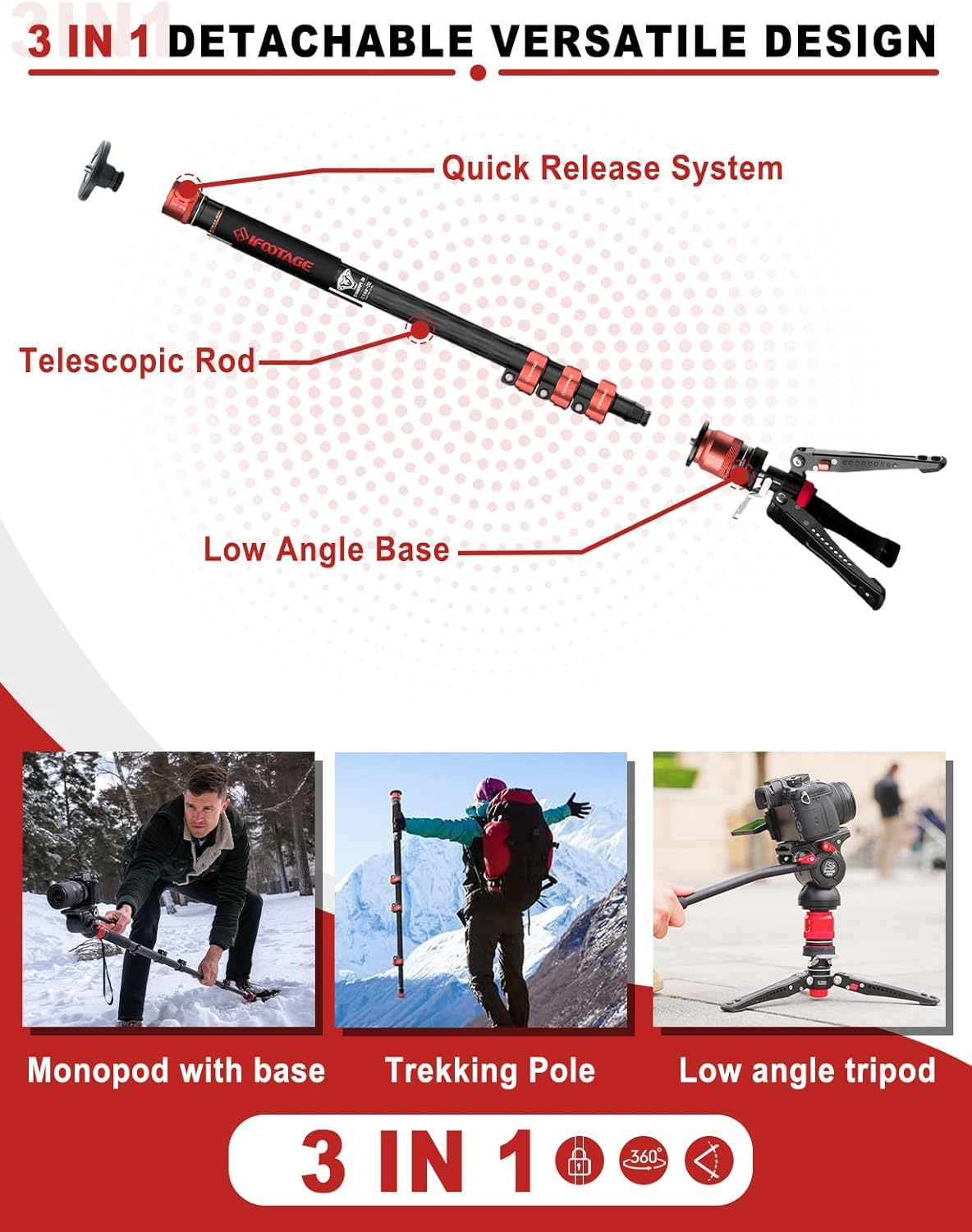IFOOTAGE Cobra 3 Monopod with Pedal C180F-P, 71" Professional Carbon Fiber Travel Video Camera Monopod with Tripod Base, Payload 17.64 Lbs, Compatible with DSLR, Cameras, Camcorders image number 5